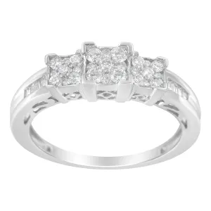 10K White Gold 1/2 Cttw Brilliant & Baguette Cut Diamond 3 Stone Design With 3 Square Clusters Engagement Ring (H-I Colo