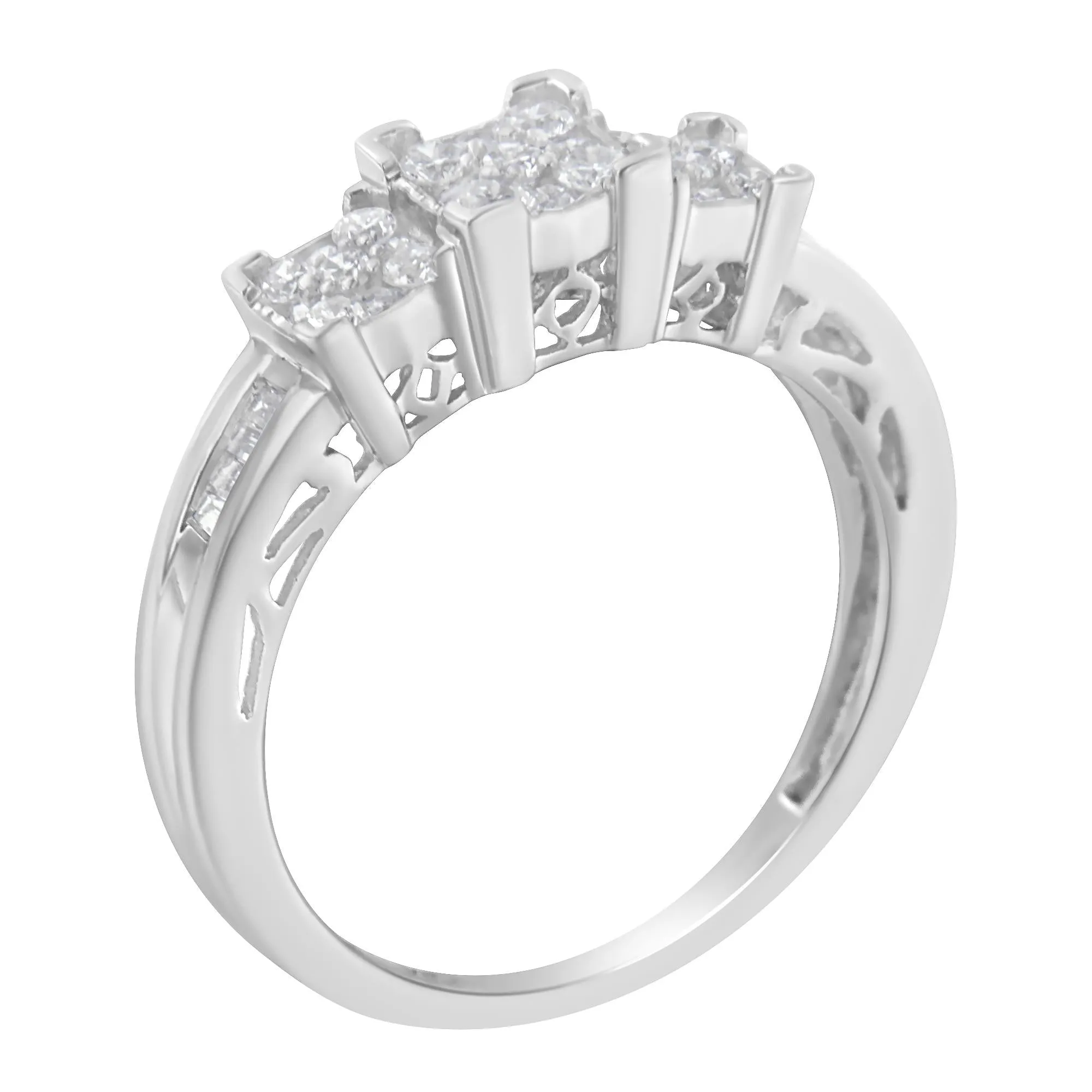 10K White Gold 1/2 Cttw Brilliant & Baguette Cut Diamond 3 Stone Design With 3 Square Clusters Engagement Ring (H-I Colo
