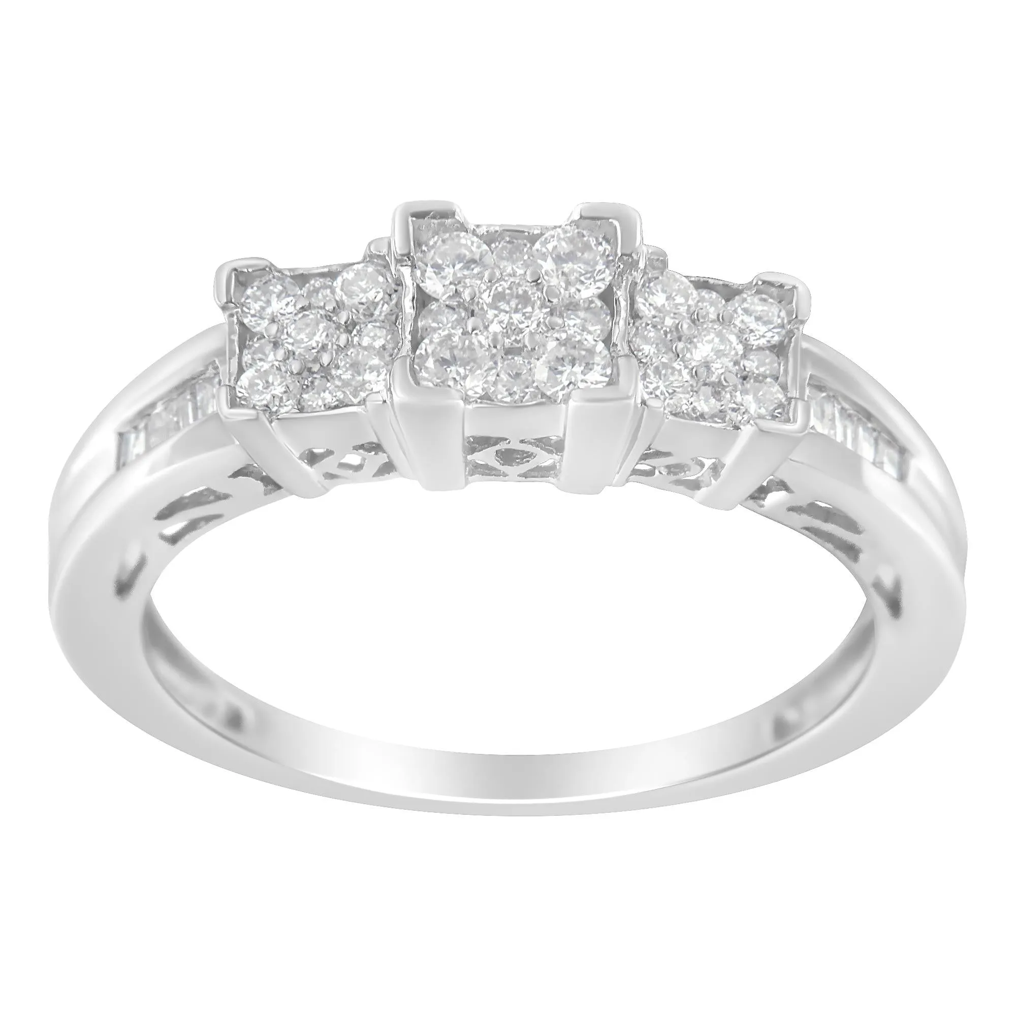 10K White Gold 1/2 Cttw Brilliant & Baguette Cut Diamond 3 Stone Design With 3 Square Clusters Engagement Ring (H-I Colo