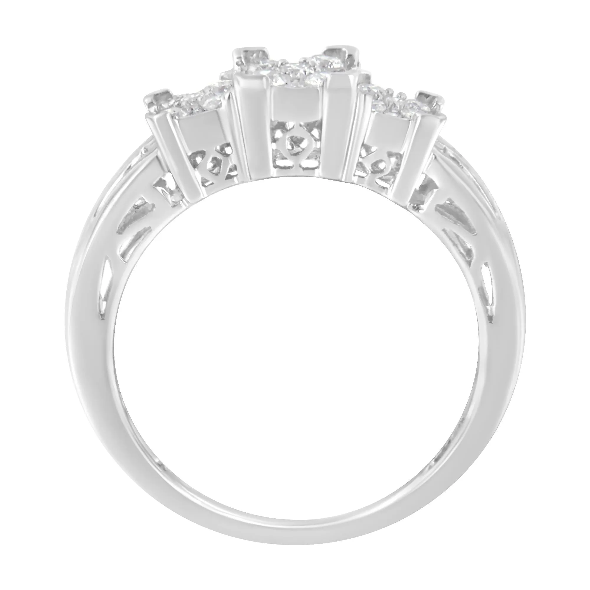 10K White Gold 1/2 Cttw Brilliant & Baguette Cut Diamond 3 Stone Design With 3 Square Clusters Engagement Ring (H-I Colo