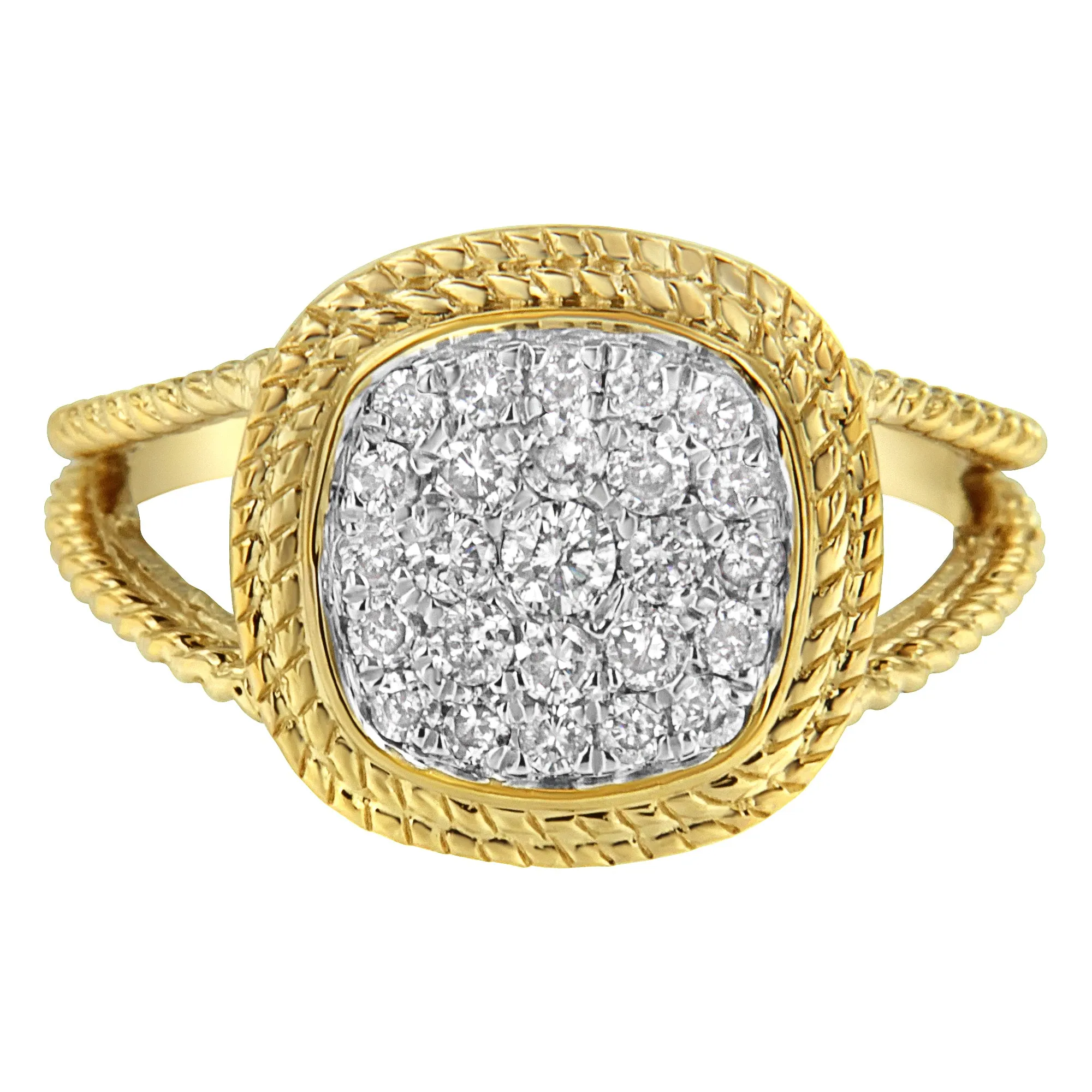 10K Yellow Gold Plated .925 Sterling Silver 1/2 Cttw Diamond Square Cushion Cluster Split Shank Cocktail Ring