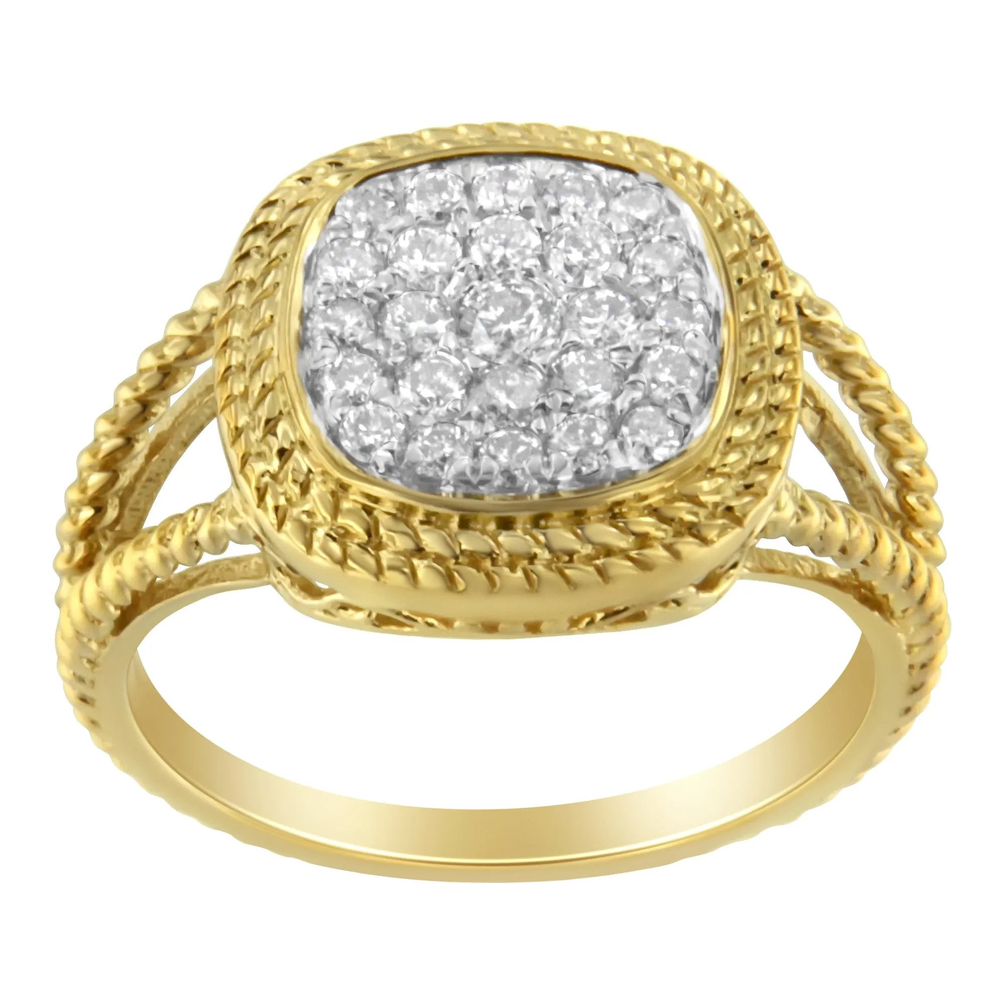 10K Yellow Gold Plated .925 Sterling Silver 1/2 Cttw Diamond Square Cushion Cluster Split Shank Cocktail Ring