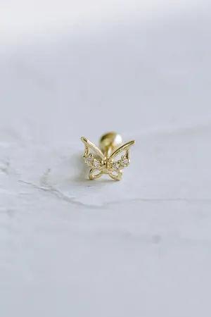 14K GOLD JEWELRY MINIMALIST CZ CUTE BUTTERFLY BARBELL EAR STUD EARRING PIERCING
