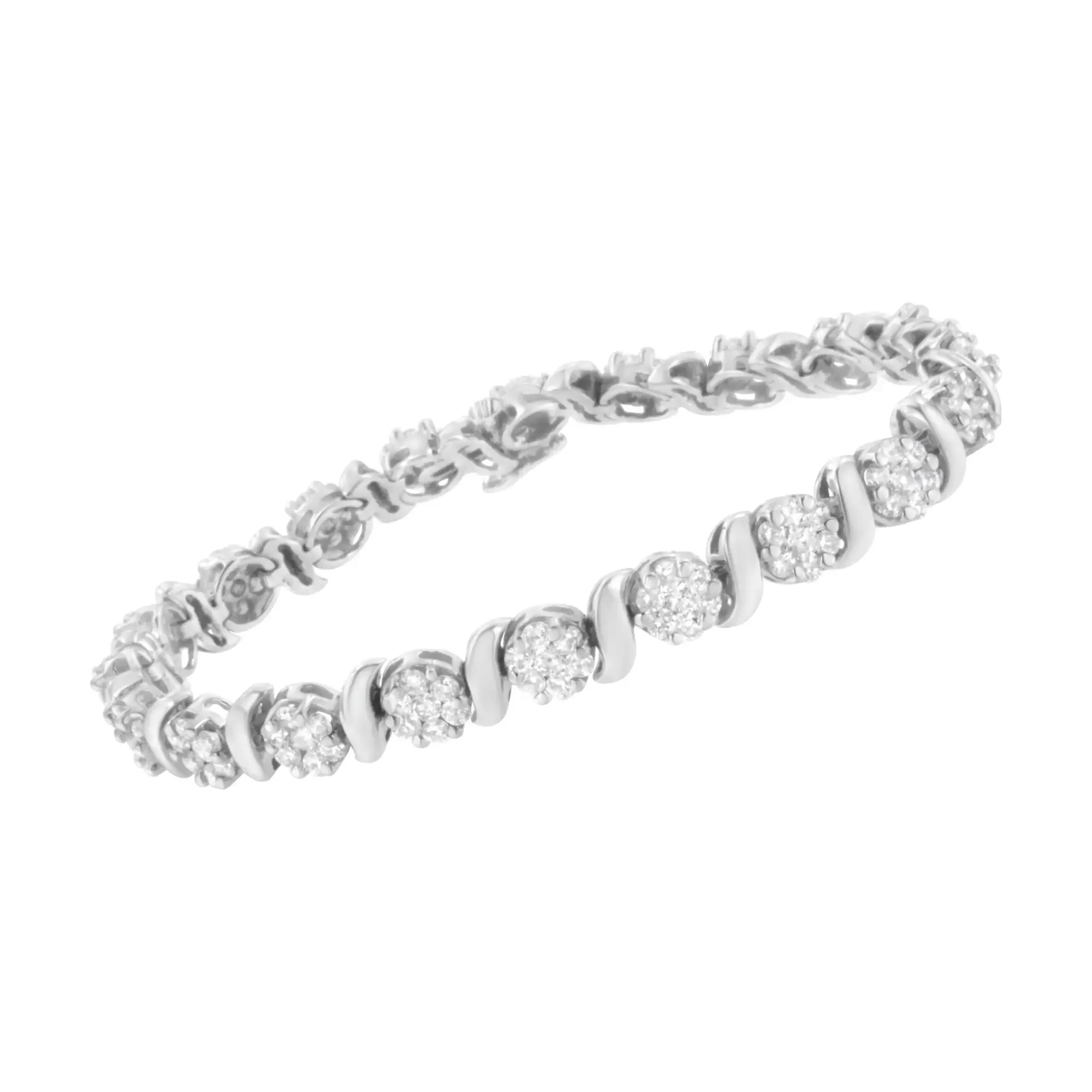 14K White Gold Diamond Floral S-Link Tennis Bracelet with 5.25 cttw Elegance