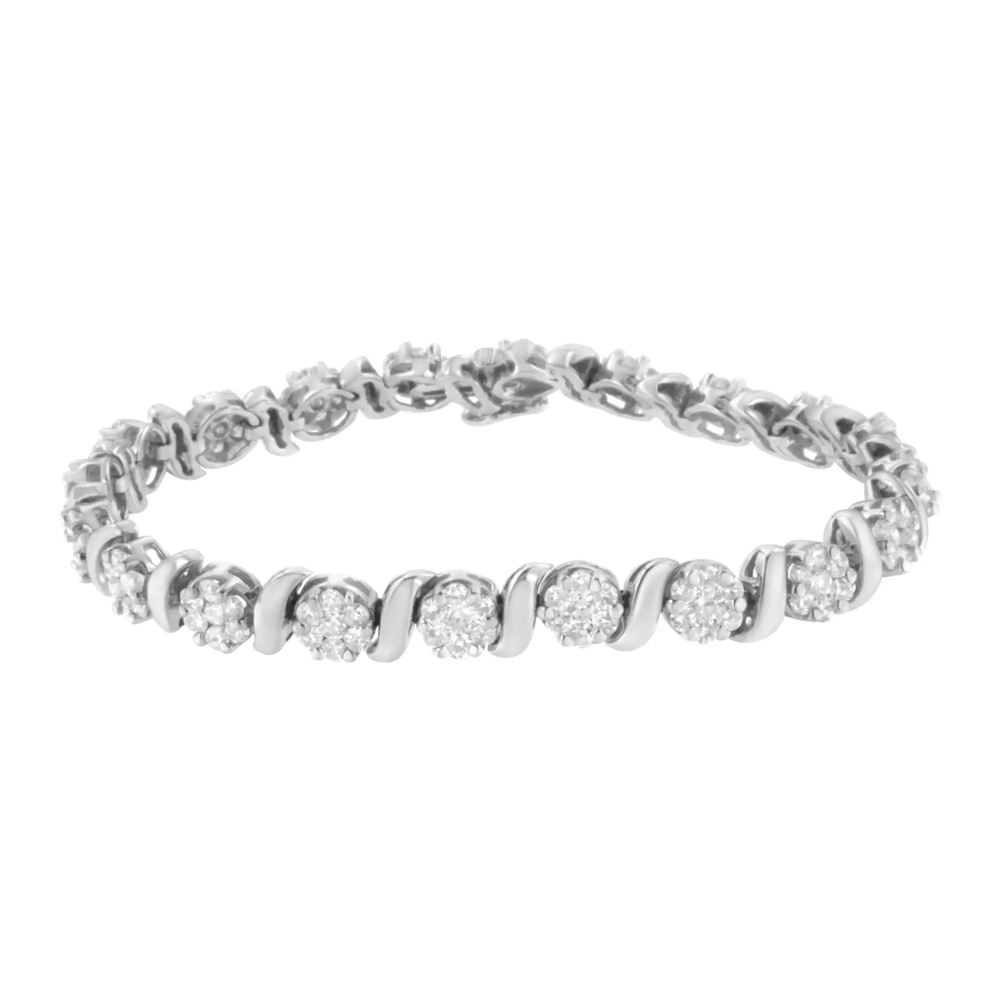 14K White Gold Diamond Floral S-Link Tennis Bracelet with 5.25 cttw Elegance