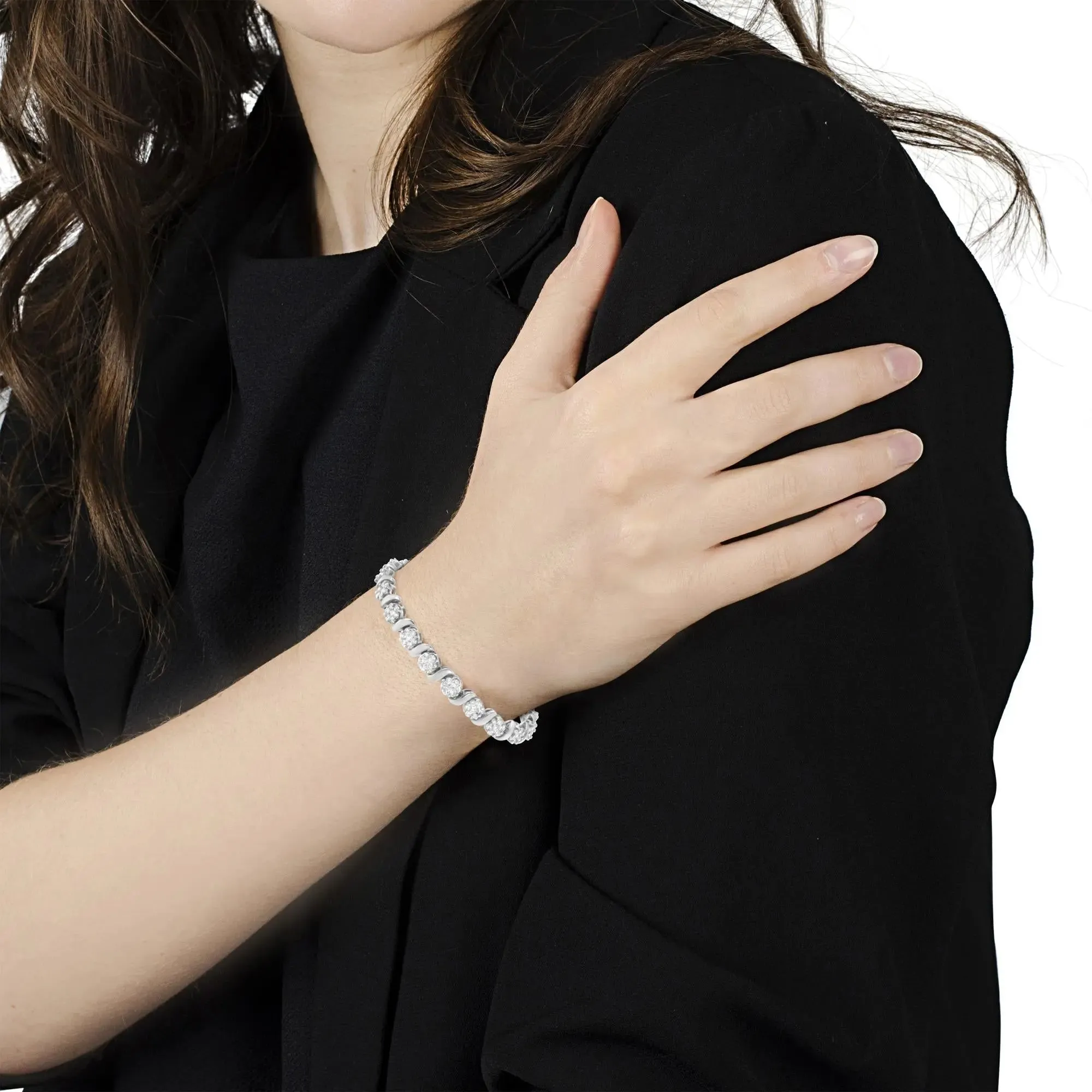 14K White Gold Diamond Floral S-Link Tennis Bracelet with 5.25 cttw Elegance