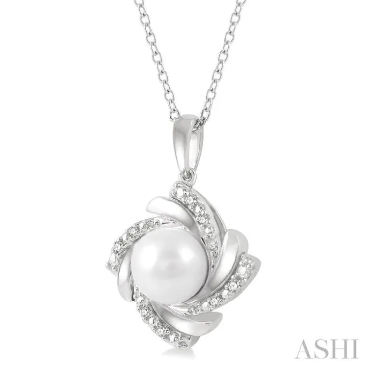 1/50 Ctw Swirl Round Cut Diamond & 7x7MM White Pearl Pendant With Chain in Sterling Silver