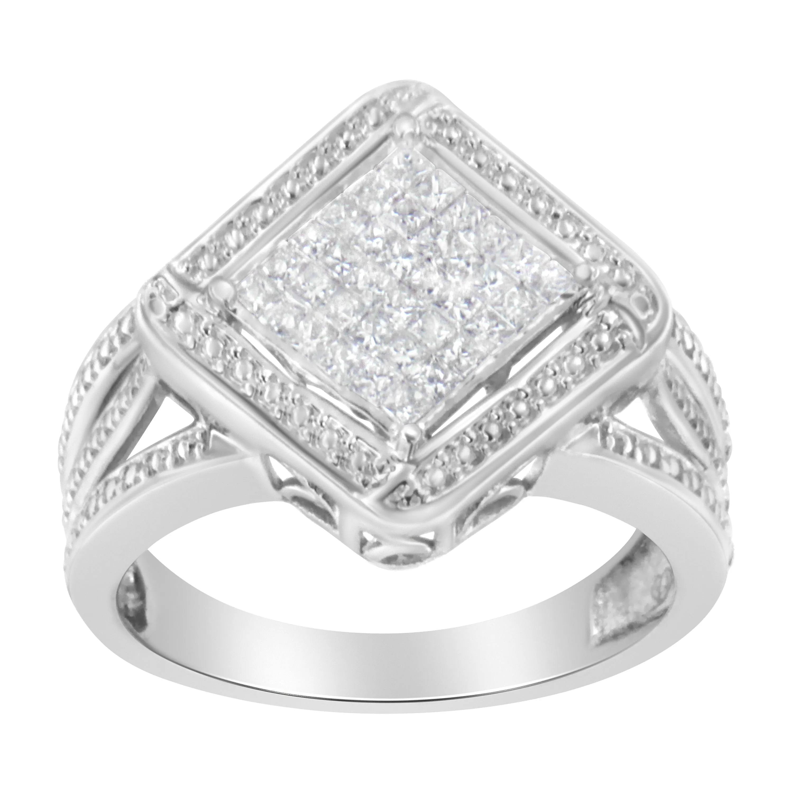 .925 Sterling Silver 2/5 Cttw Princess Cut Diamond Square On Point Cluster Composite Cocktail Ring
