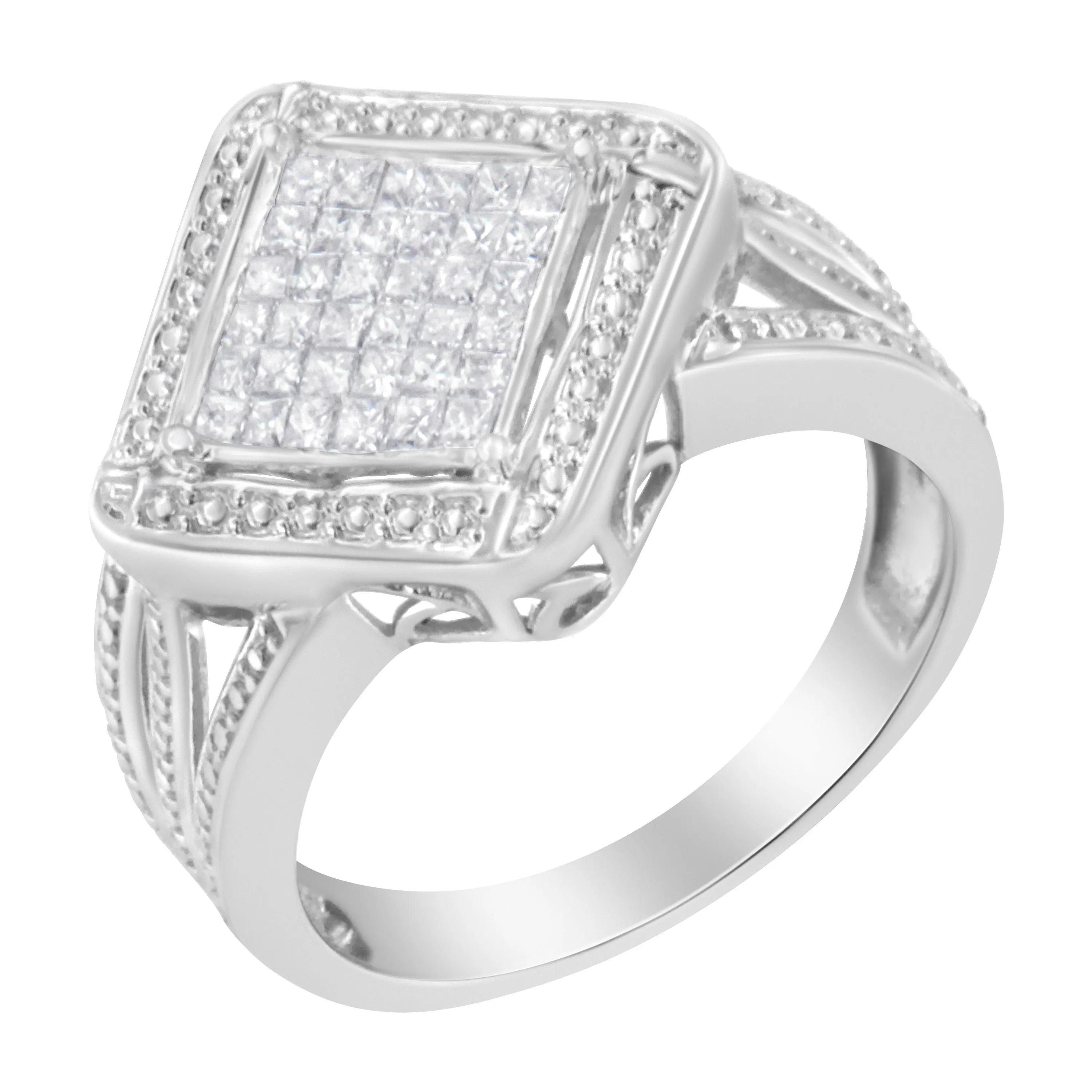 .925 Sterling Silver 2/5 Cttw Princess Cut Diamond Square On Point Cluster Composite Cocktail Ring