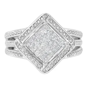 .925 Sterling Silver 2/5 Cttw Princess Cut Diamond Square On Point Cluster Composite Cocktail Ring