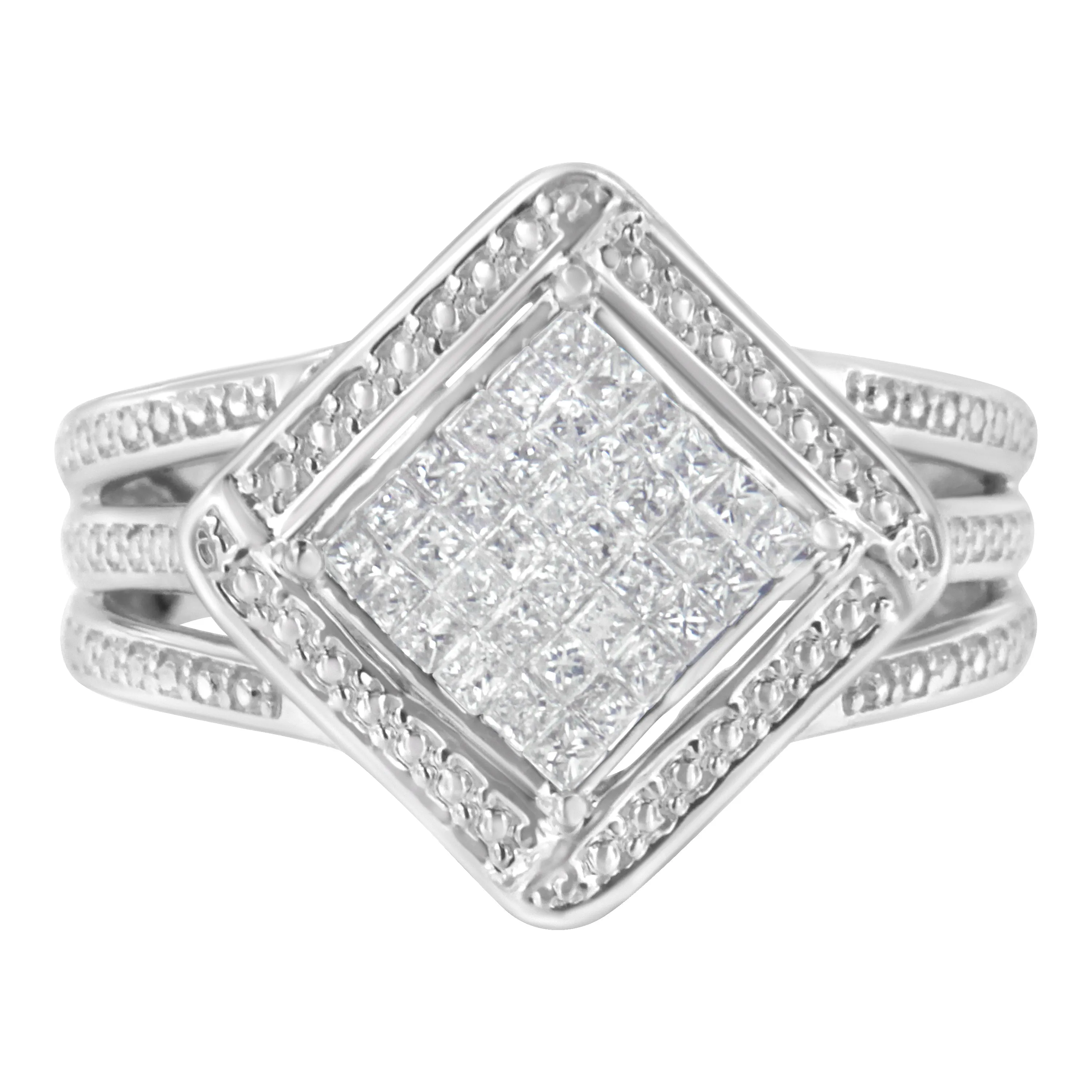 .925 Sterling Silver 2/5 Cttw Princess Cut Diamond Square On Point Cluster Composite Cocktail Ring