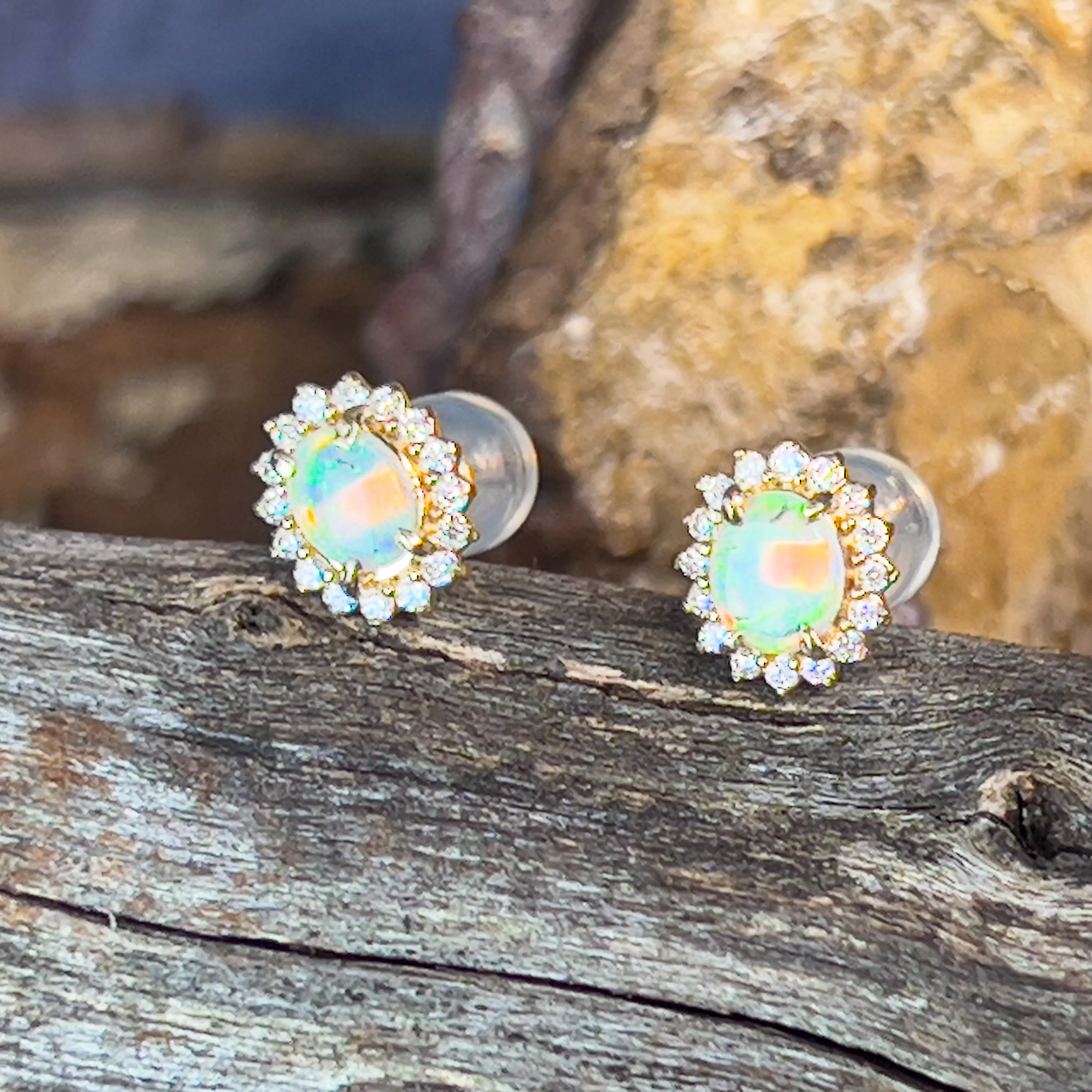 9kt Yellow Gold cluster earrings set with Light Opals and Diamonds