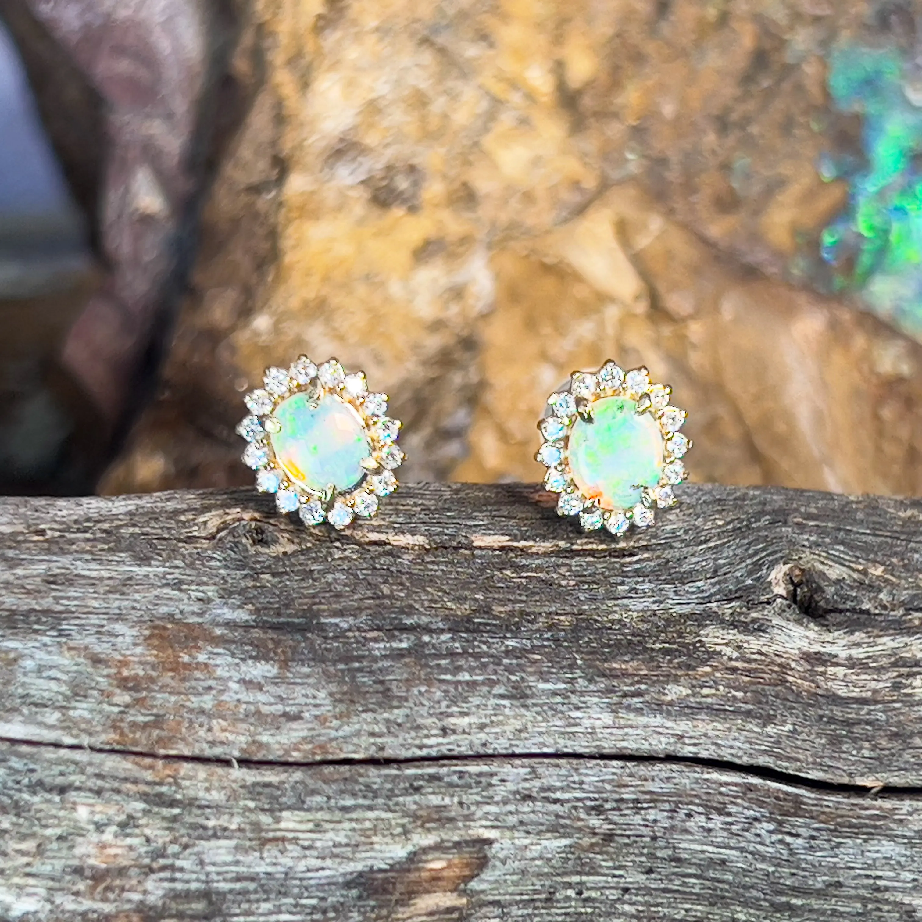9kt Yellow Gold cluster earrings set with Light Opals and Diamonds