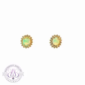 9kt Yellow Gold cluster earrings set with Light Opals and Diamonds