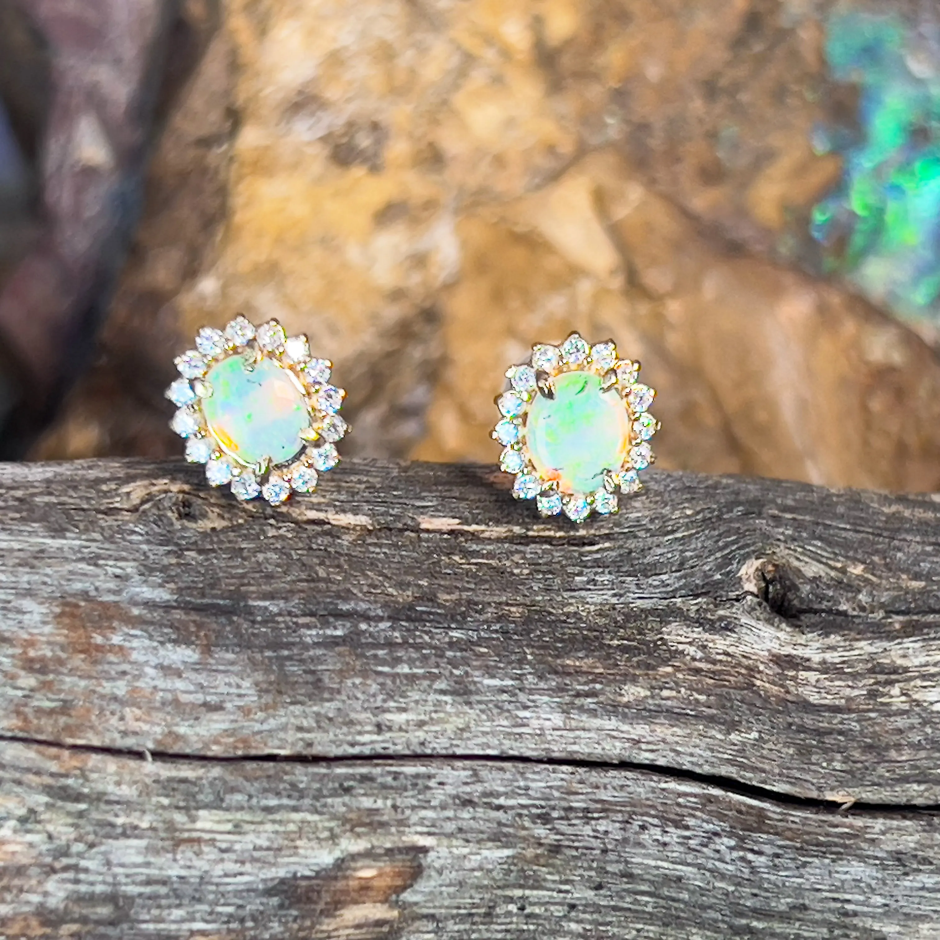 9kt Yellow Gold cluster earrings set with Light Opals and Diamonds