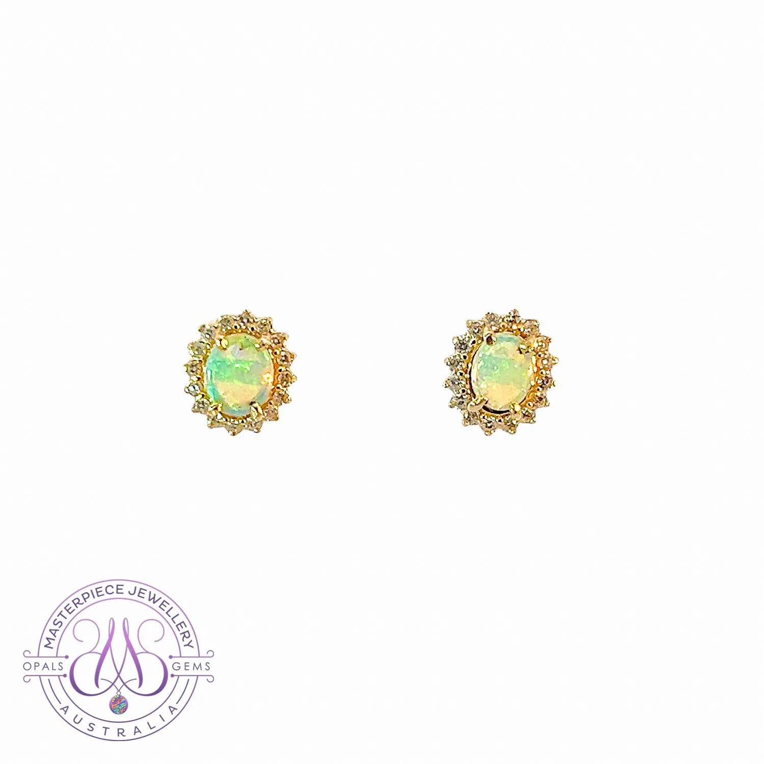 9kt Yellow Gold cluster earrings set with Light Opals and Diamonds