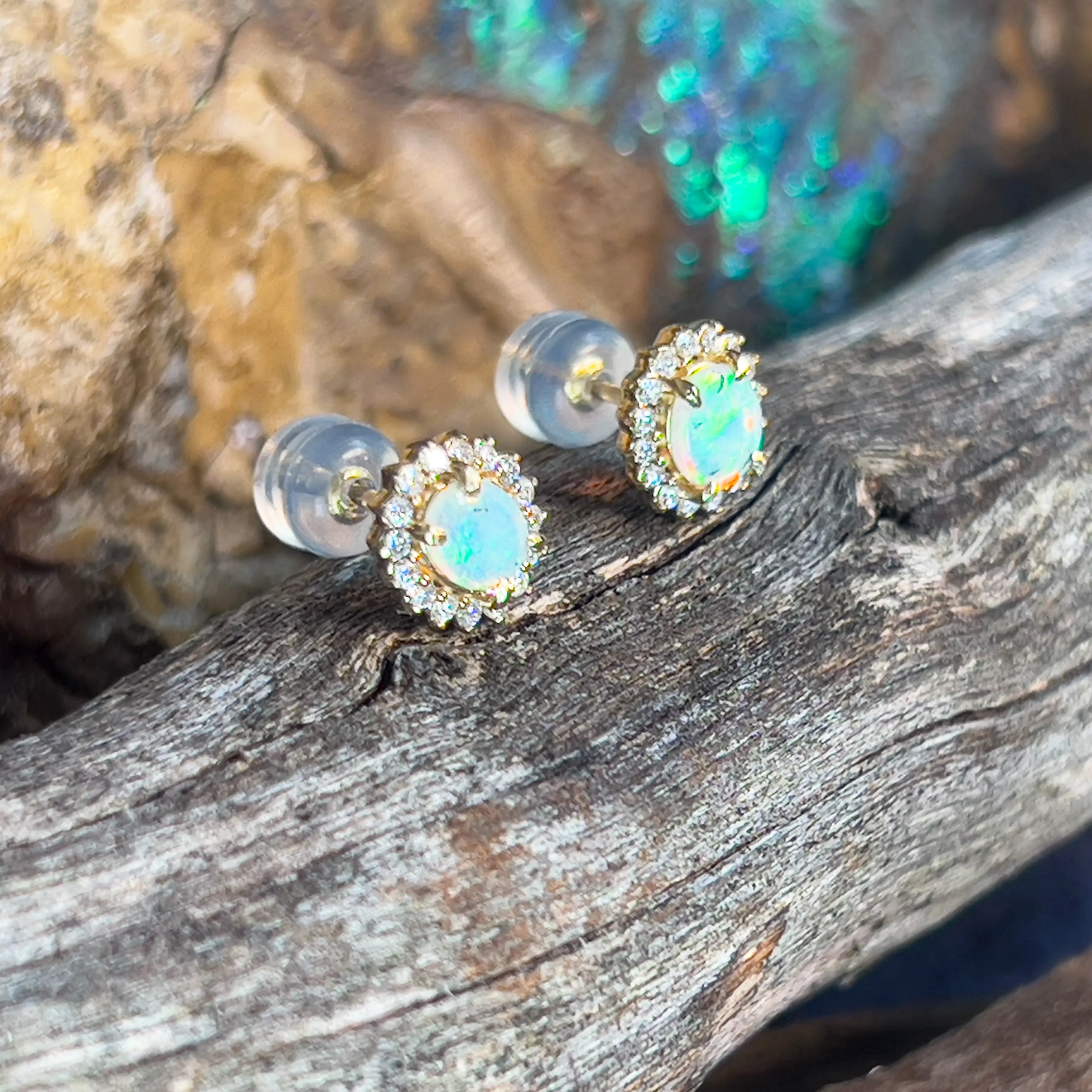 9kt Yellow Gold cluster earrings set with Light Opals and Diamonds