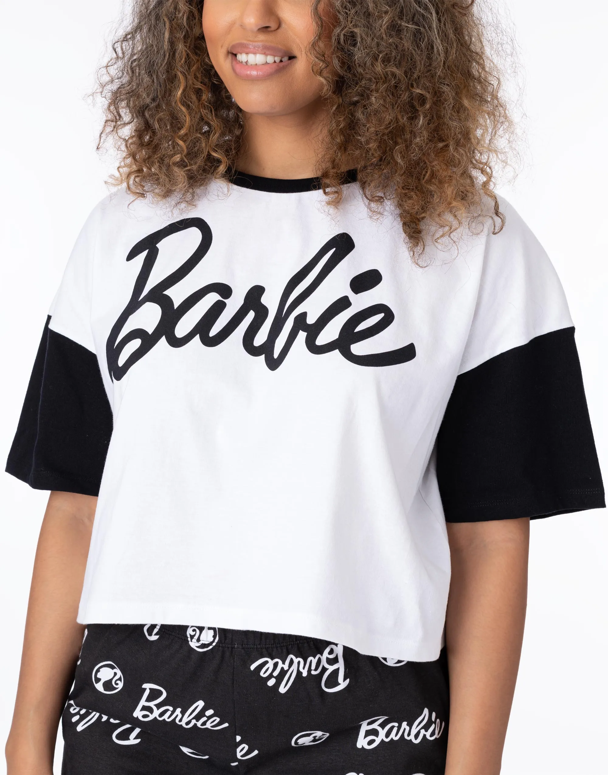Barbie Womens Pyjamas White Crop T-Shirt Black Shorts Pjs Set