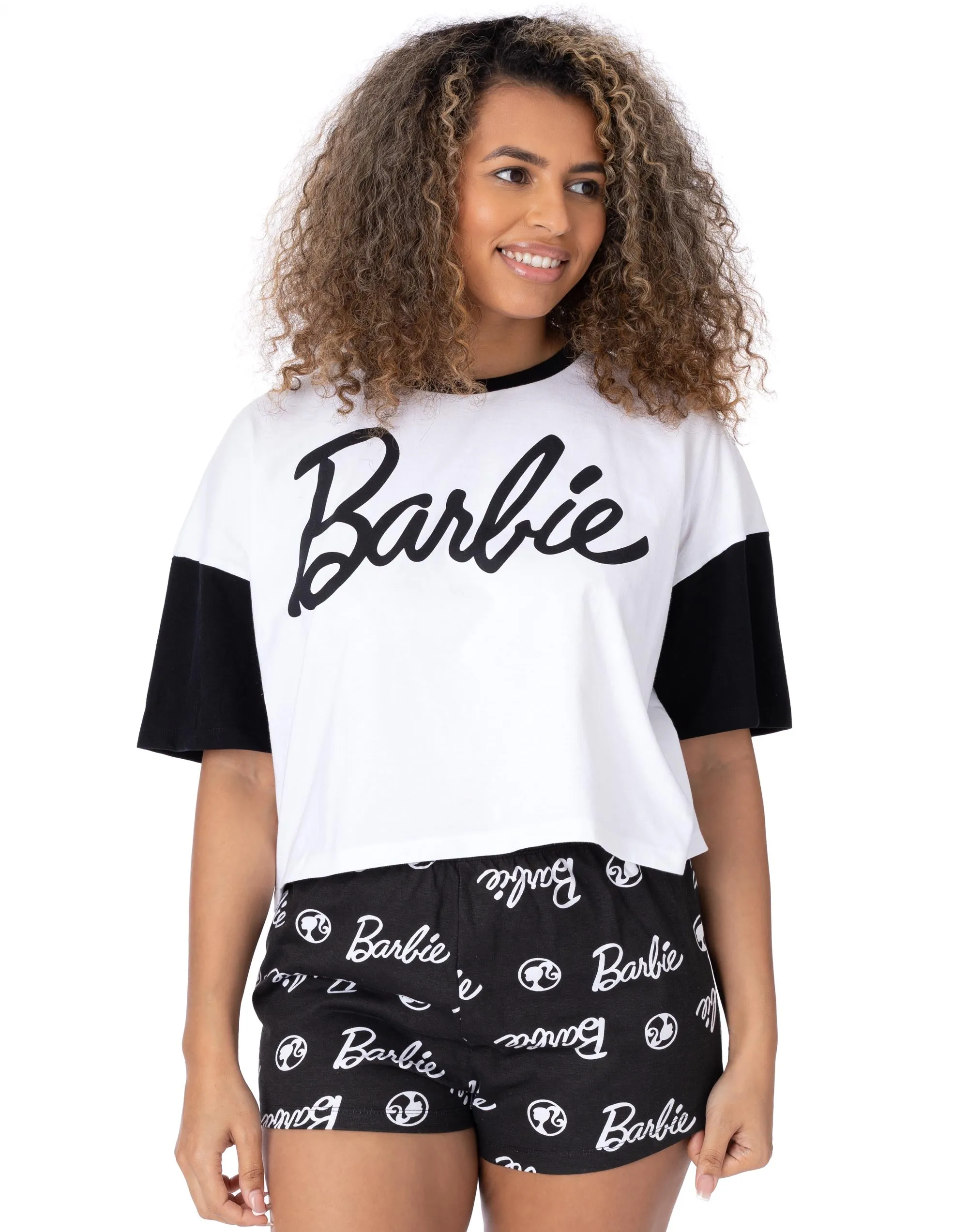 Barbie Womens Pyjamas White Crop T-Shirt Black Shorts Pjs Set