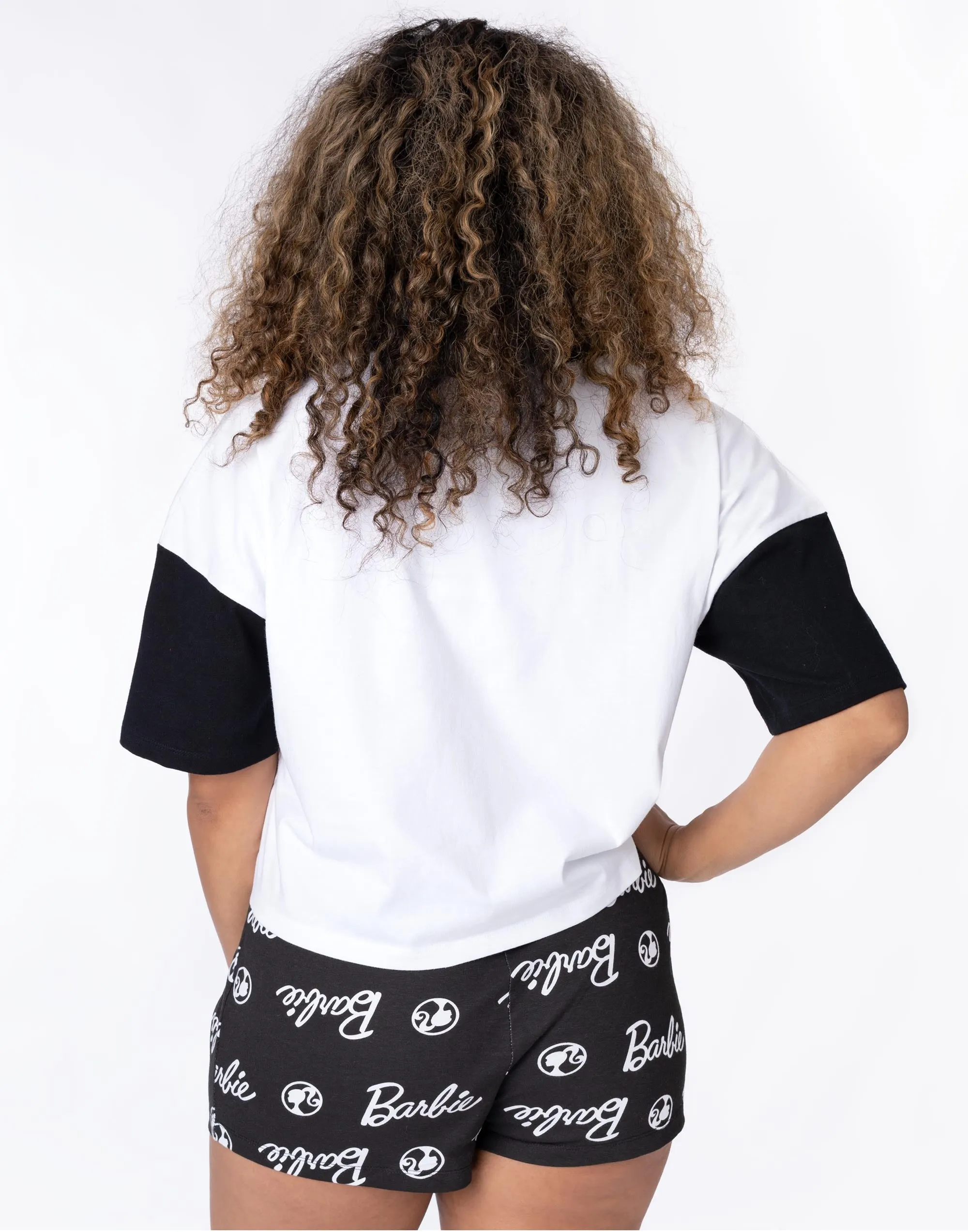 Barbie Womens Pyjamas White Crop T-Shirt Black Shorts Pjs Set