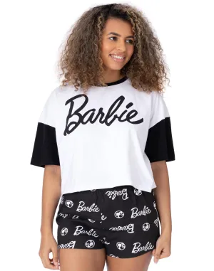 Barbie Womens Pyjamas White Crop T-Shirt Black Shorts Pjs Set