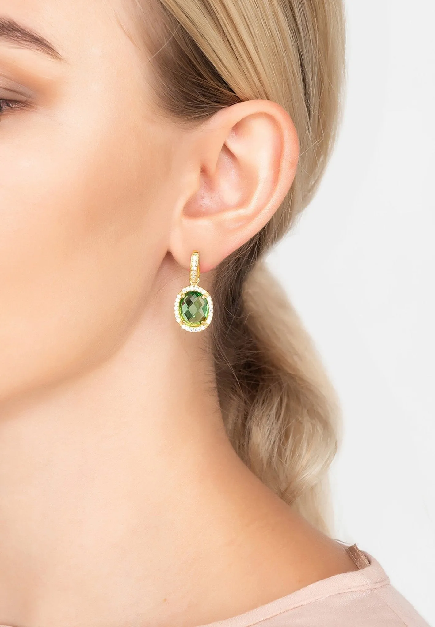 Beatrice Oval Gemstone Drop Earrings Gold Green Amethyst