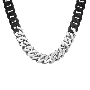 C160BW B.Tiff 16mm 2 Tone Black & Stainless Steel Flat Cuban Link Necklace