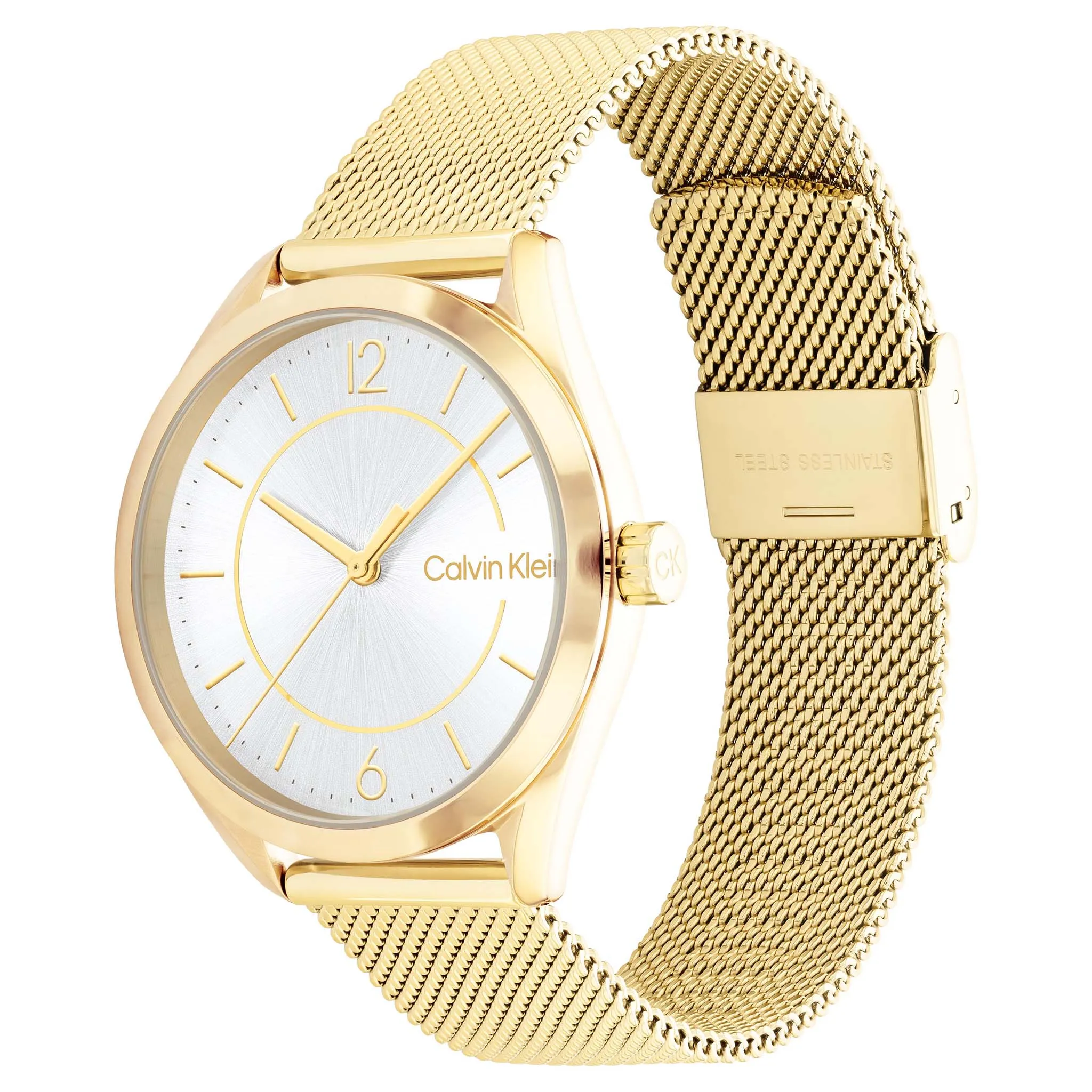 Calvin Klein Gold Mesh Silver White Dial Women's Watch - 25200195