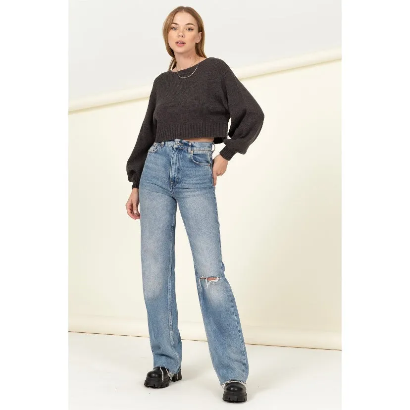 Charcoal Grey Long Puff Sleeve Cropped Sweater