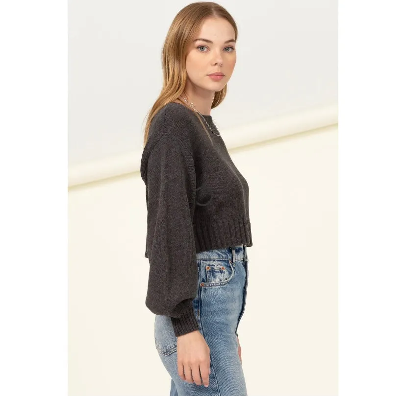 Charcoal Grey Long Puff Sleeve Cropped Sweater