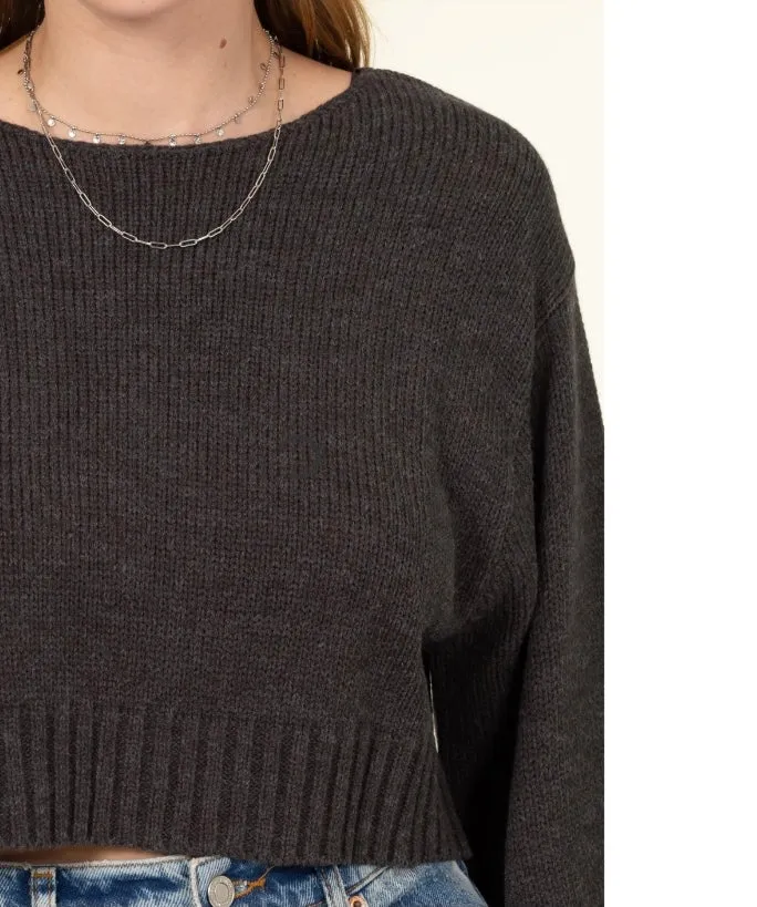 Charcoal Grey Long Puff Sleeve Cropped Sweater