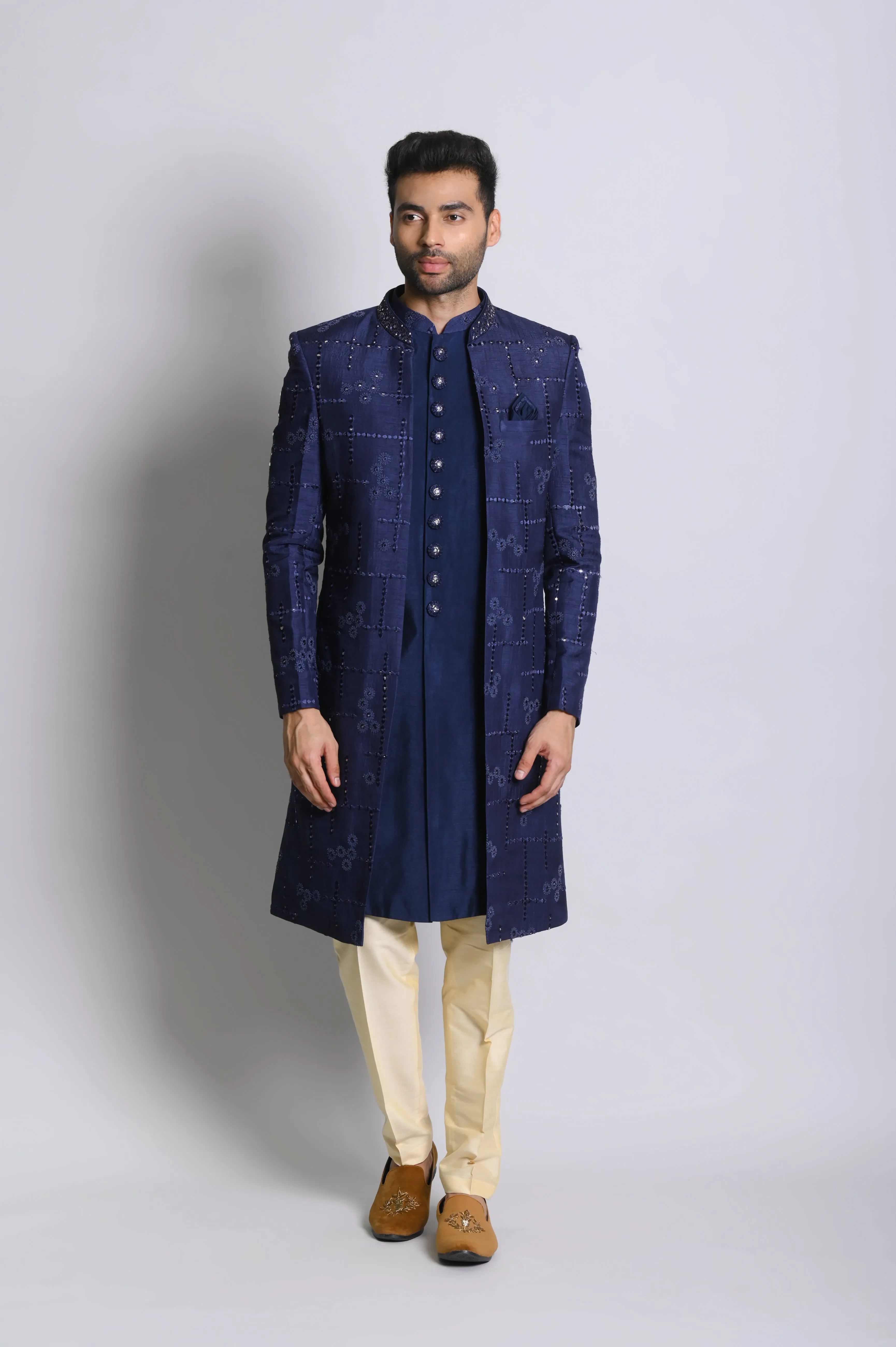 Designer blue sherwani with rehsam and mirror work in silk