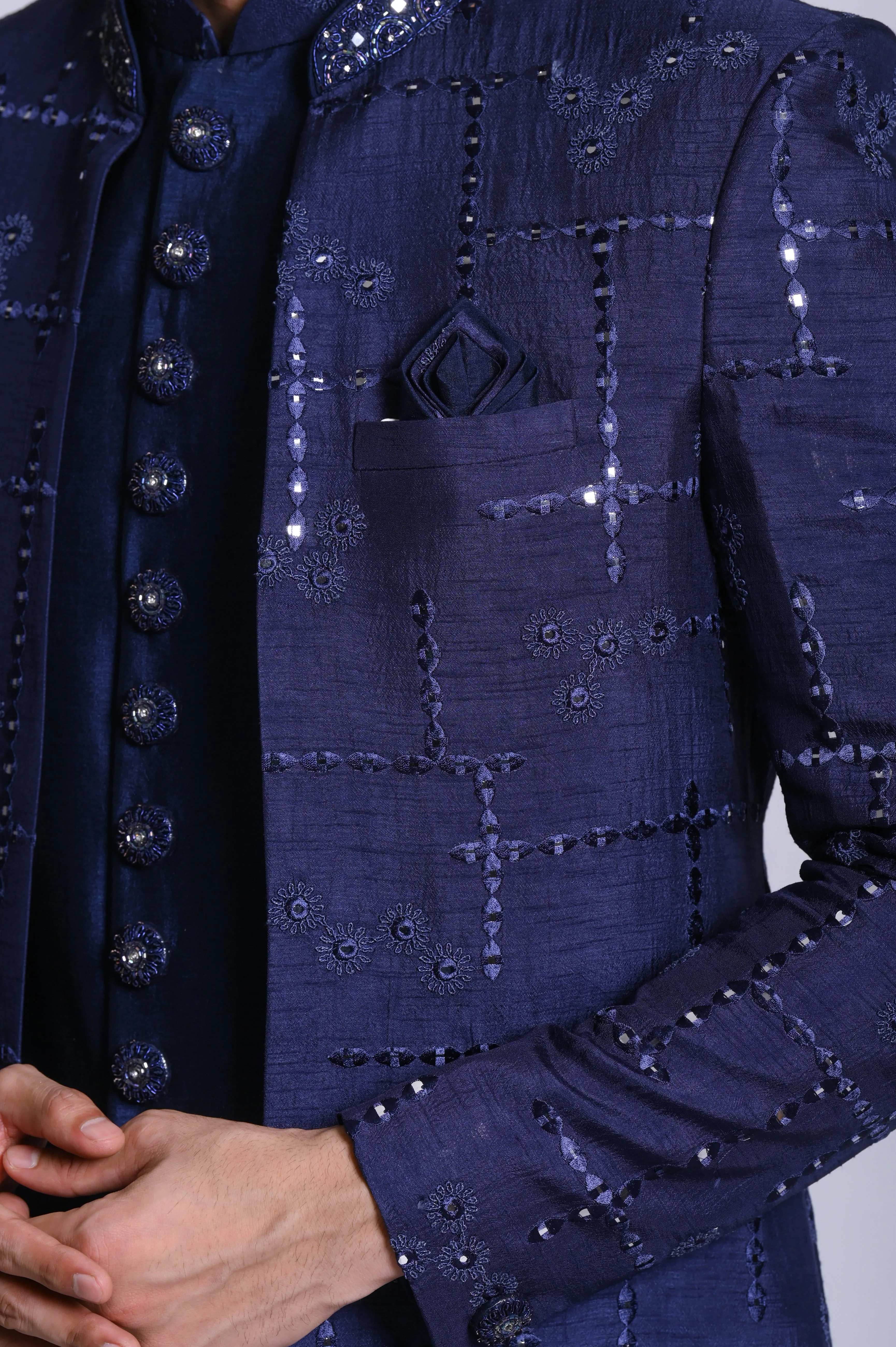 Designer blue sherwani with rehsam and mirror work in silk
