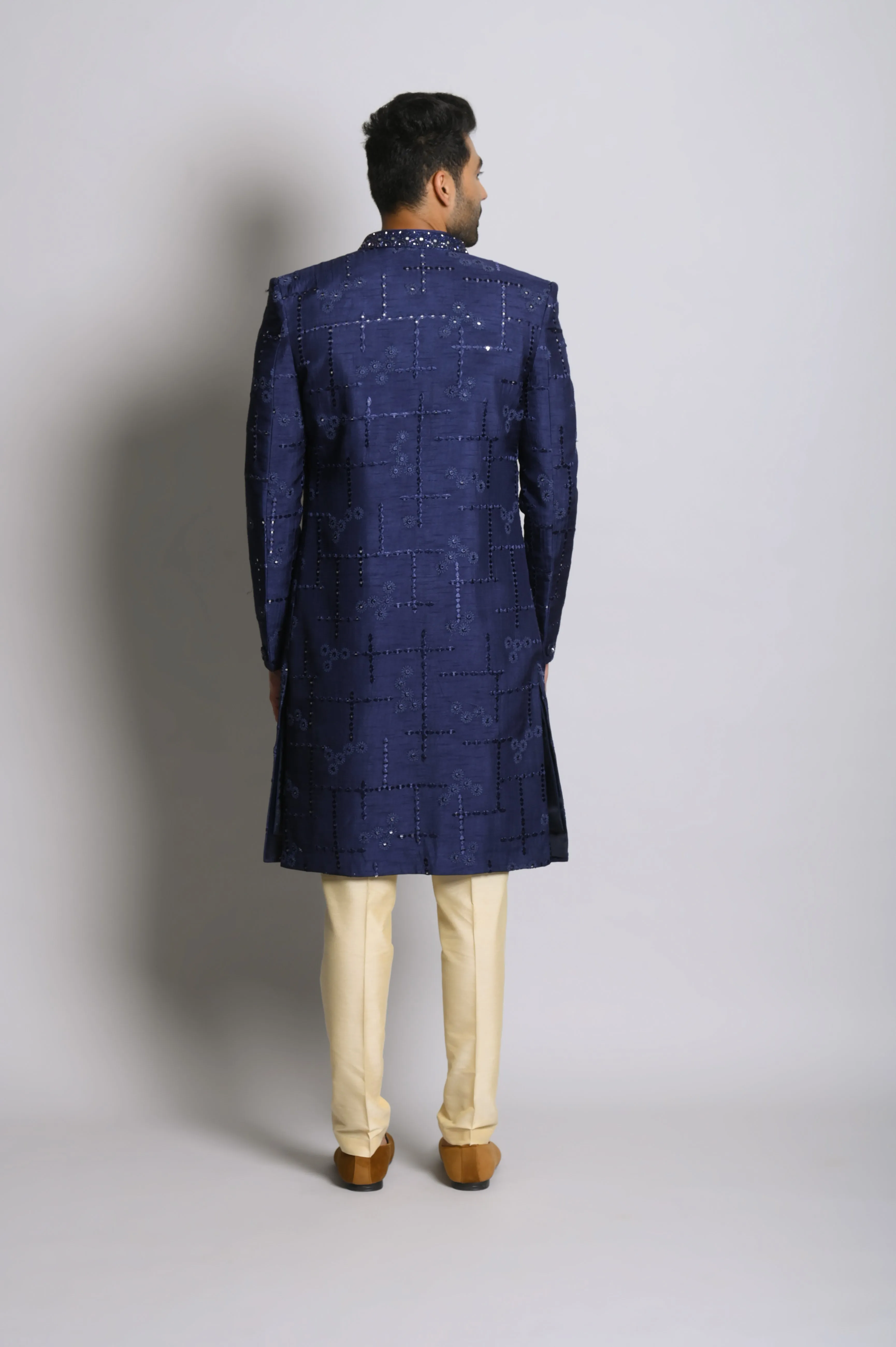 Designer blue sherwani with rehsam and mirror work in silk