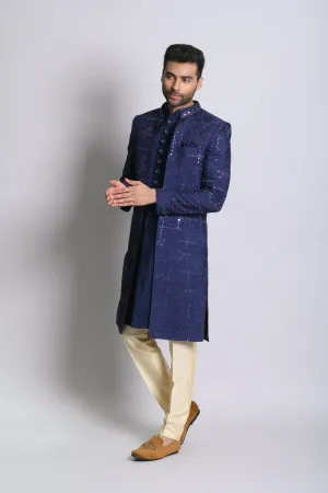 Designer blue sherwani with rehsam and mirror work in silk