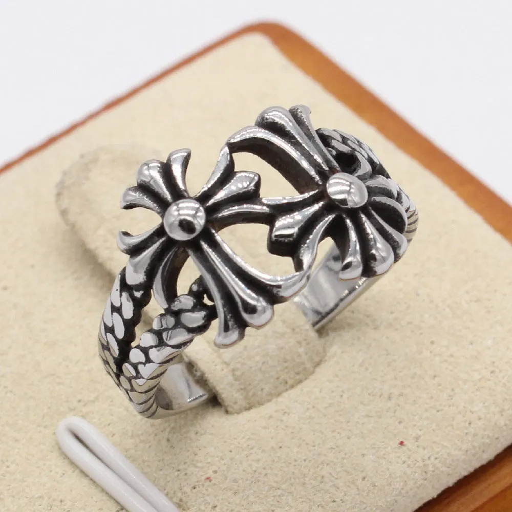 Double Croix Cross Titanium Steel Ring for Men