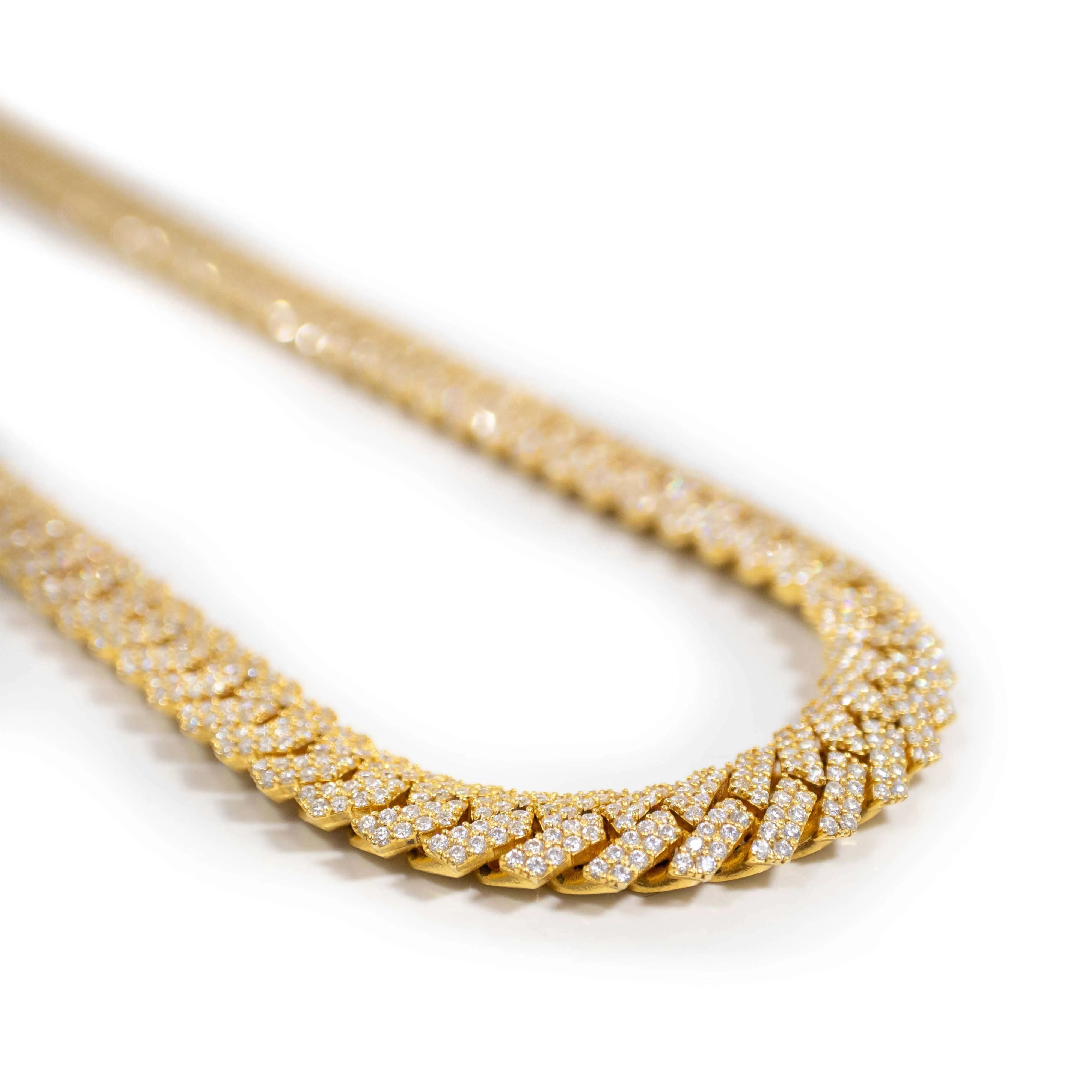 Iced Out Diamond Prong Cuban Link Chain - Solid Yellow Gold