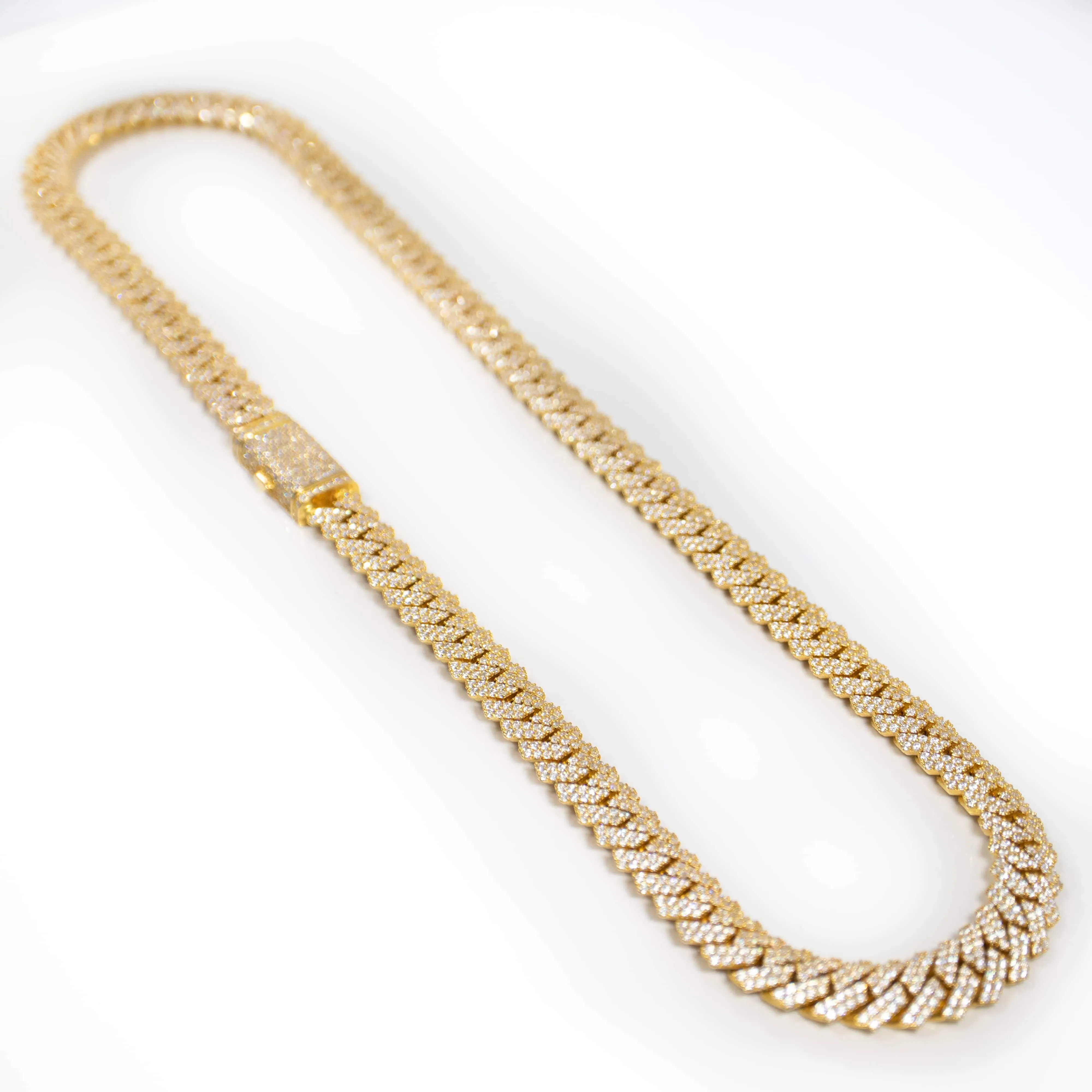 Iced Out Diamond Prong Cuban Link Chain - Solid Yellow Gold