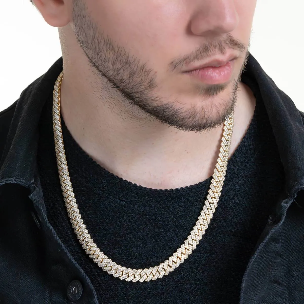 Iced Out Diamond Prong Cuban Link Chain - Solid Yellow Gold