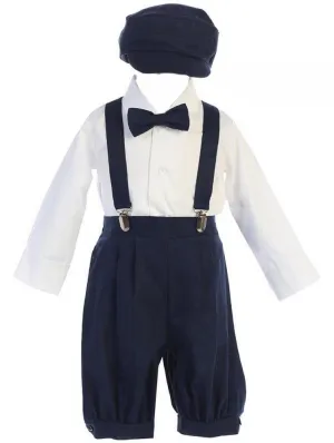 Little Boys Navy Suspender Knickers Hat Shirt Bow 5 Pc Set 2-4T