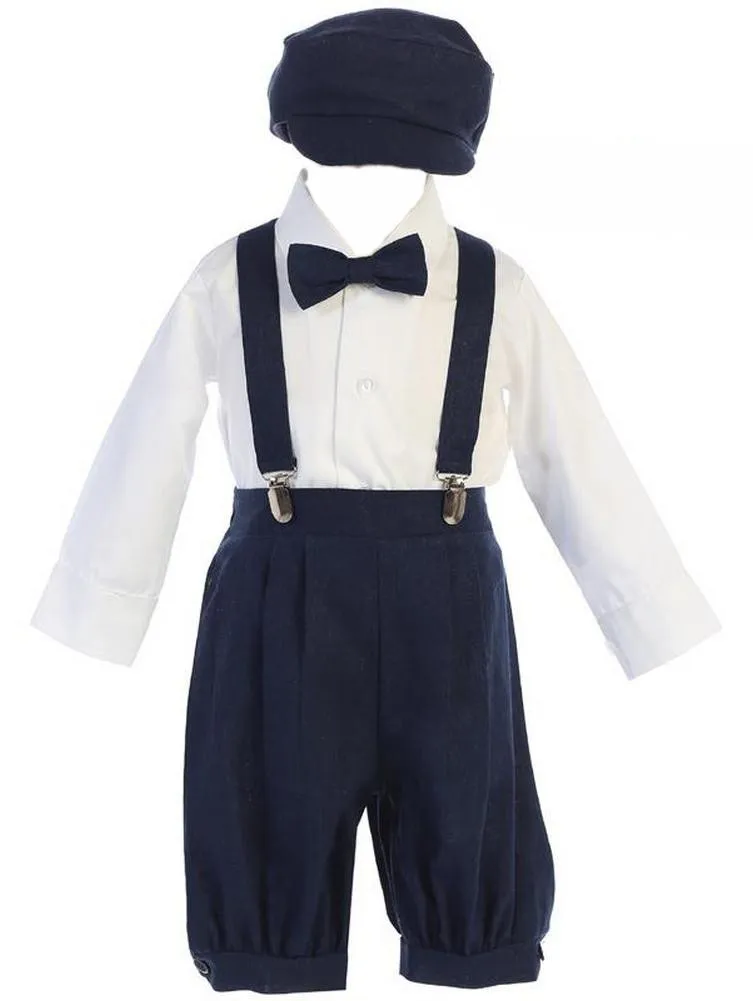 Little Boys Navy Suspender Knickers Hat Shirt Bow 5 Pc Set 2-4T