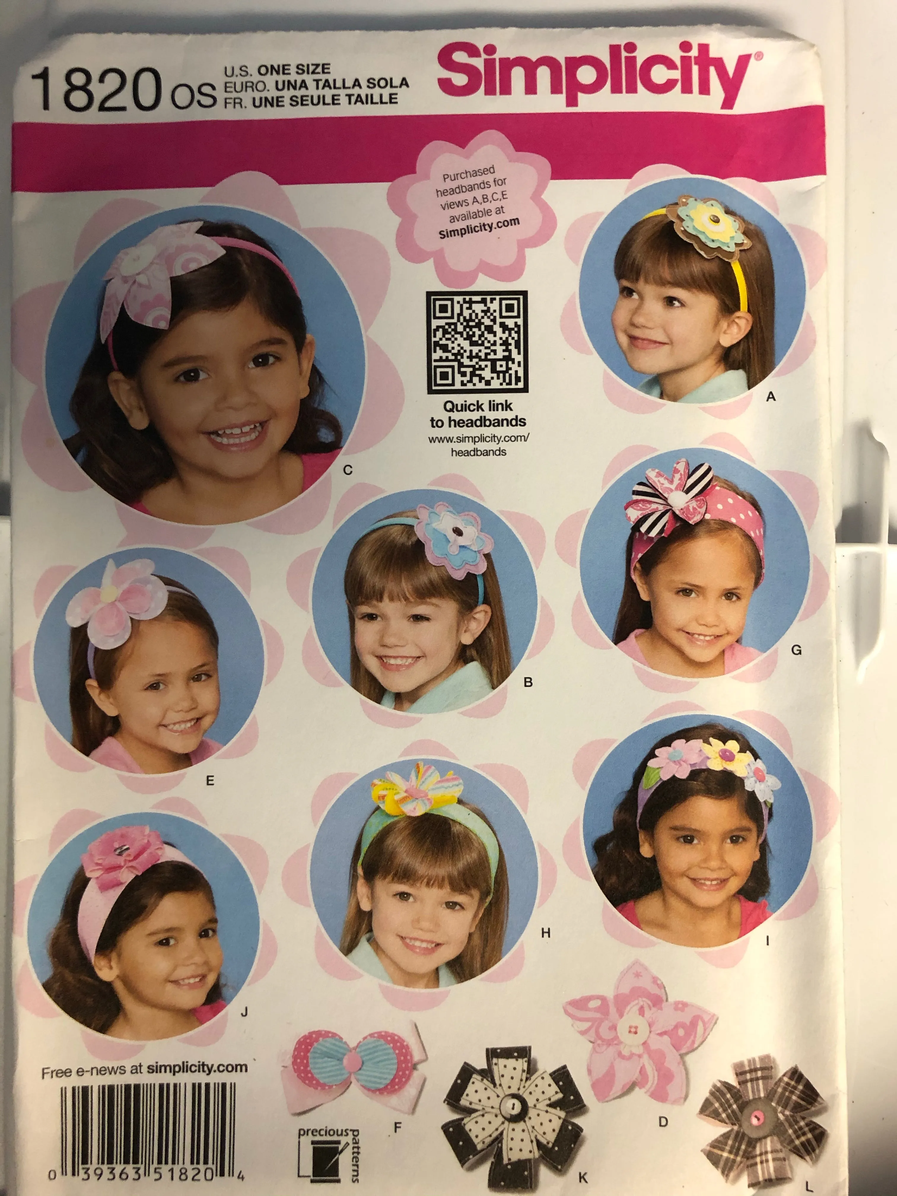 <€€ NEW SEWING Patterns GIRLS One Size OS Simplicity #1820 Childs Hair Accessories Band Bow Flower