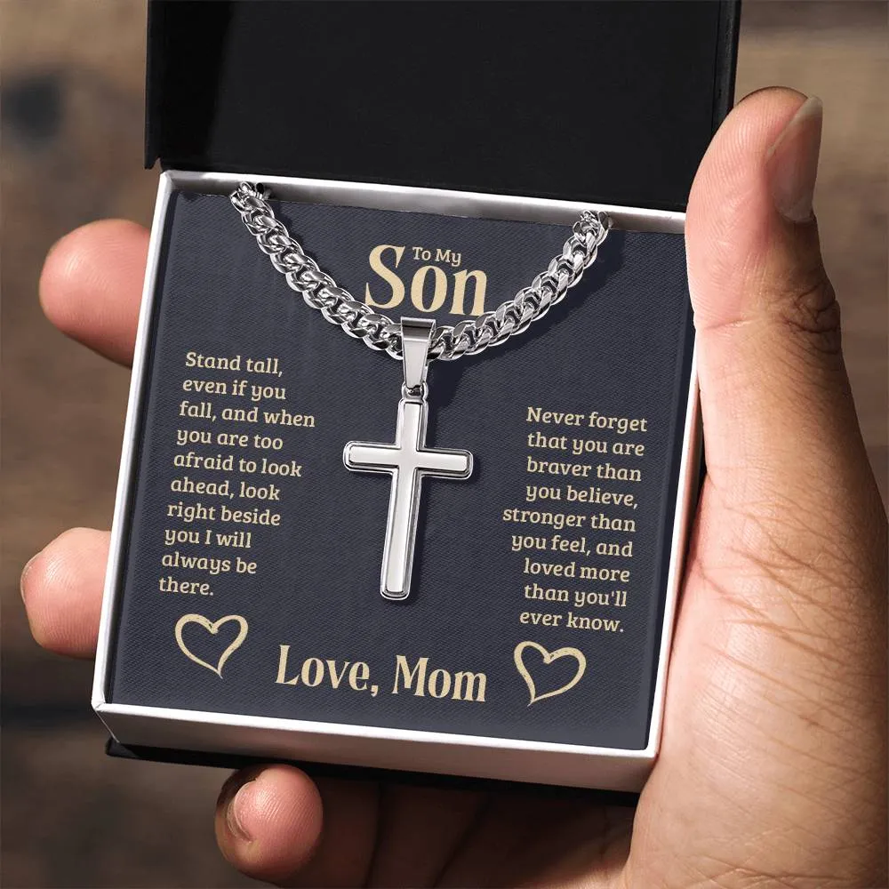 Personalized To My Son Cross Necklace from Mom, Stand Tall, If You Fall, I'll Always be There