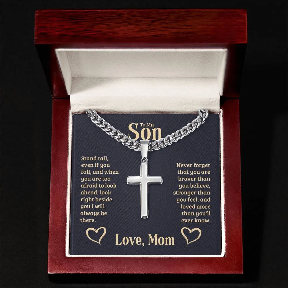 Personalized To My Son Cross Necklace from Mom, Stand Tall, If You Fall, I'll Always be There