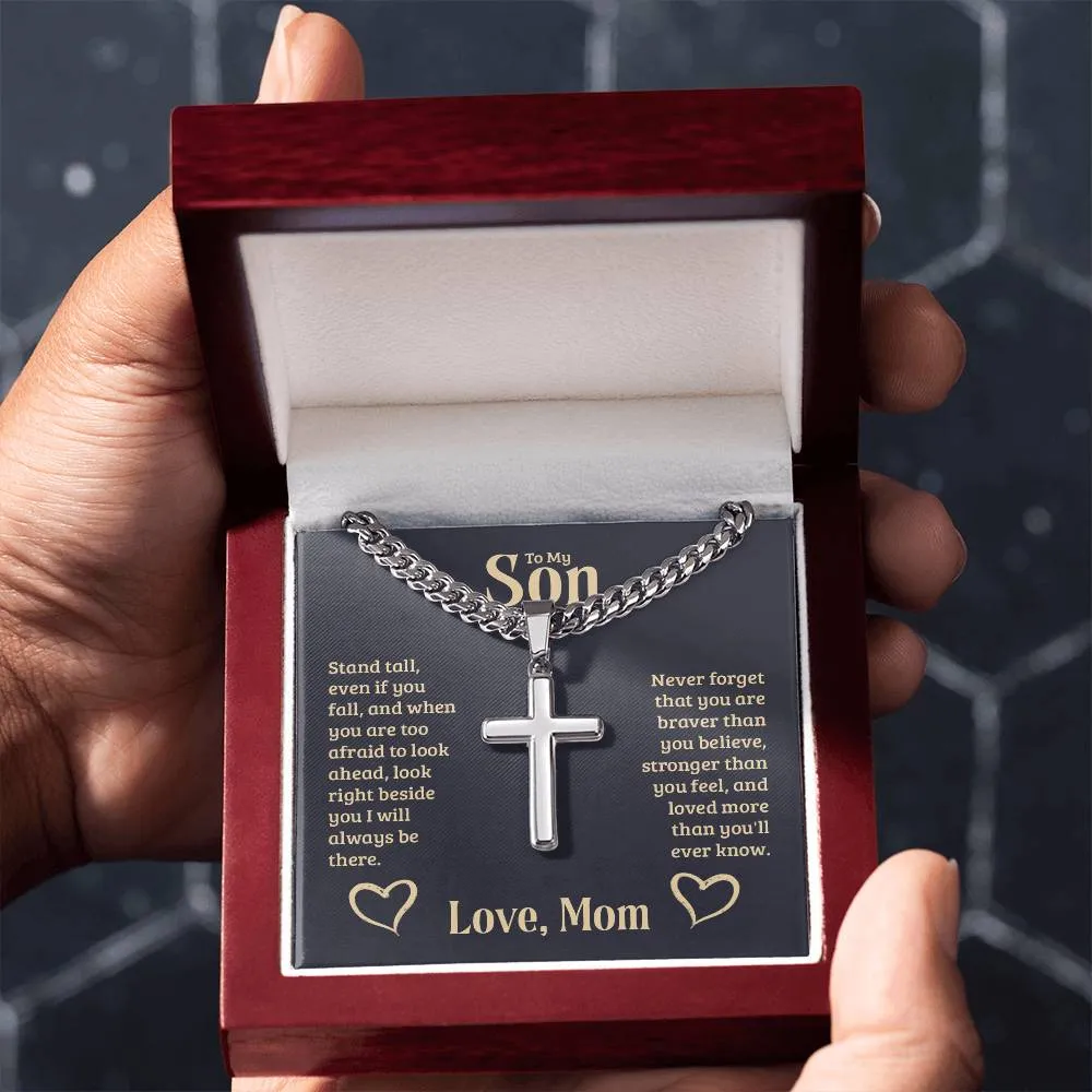 Personalized To My Son Cross Necklace from Mom, Stand Tall, If You Fall, I'll Always be There