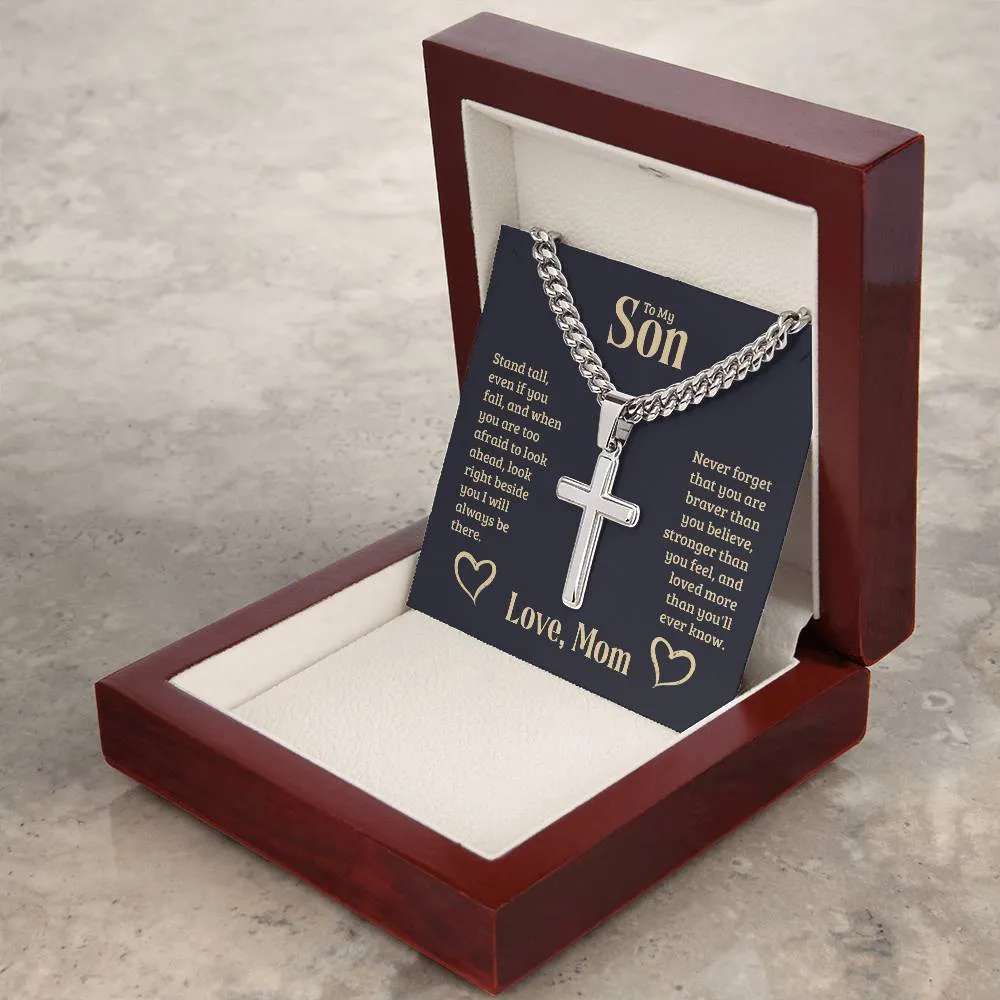 Personalized To My Son Cross Necklace from Mom, Stand Tall, If You Fall, I'll Always be There