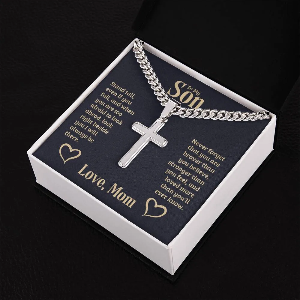 Personalized To My Son Cross Necklace from Mom, Stand Tall, If You Fall, I'll Always be There
