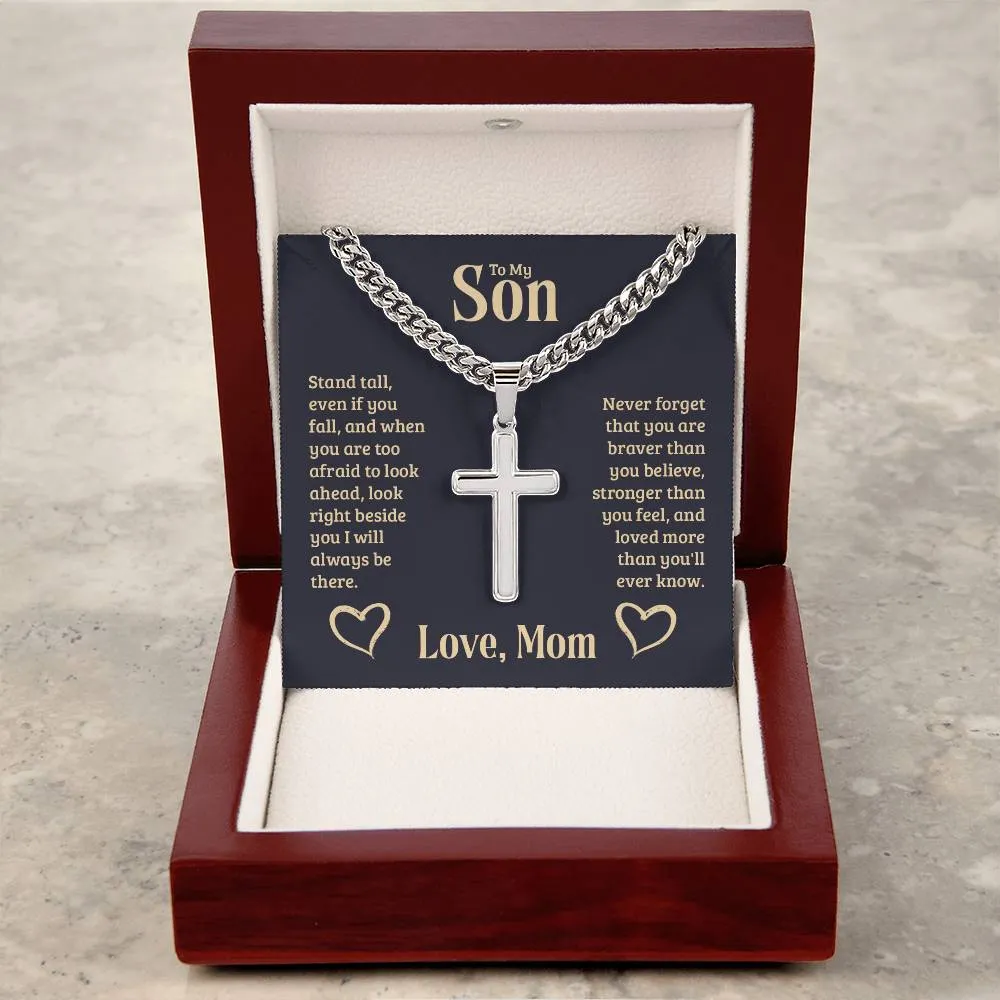 Personalized To My Son Cross Necklace from Mom, Stand Tall, If You Fall, I'll Always be There