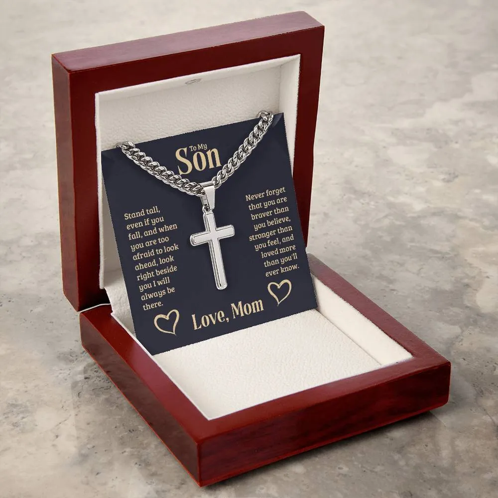 Personalized To My Son Cross Necklace from Mom, Stand Tall, If You Fall, I'll Always be There