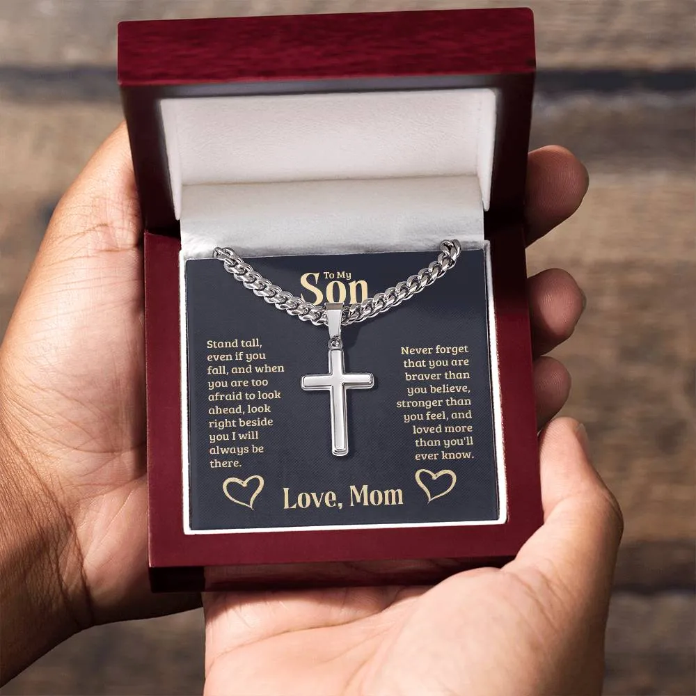 Personalized To My Son Cross Necklace from Mom, Stand Tall, If You Fall, I'll Always be There